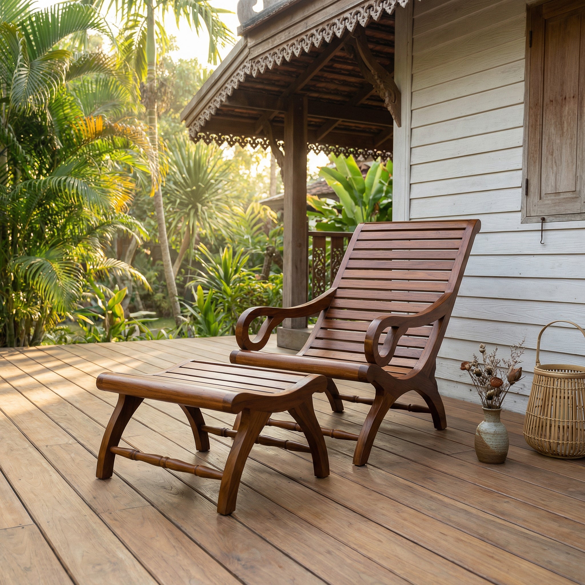 Handcrafted Lanna Style Teak Wood Chaise Lounge Chair with Ottoman from Chiang Rai Thailand - Lalanna Design
