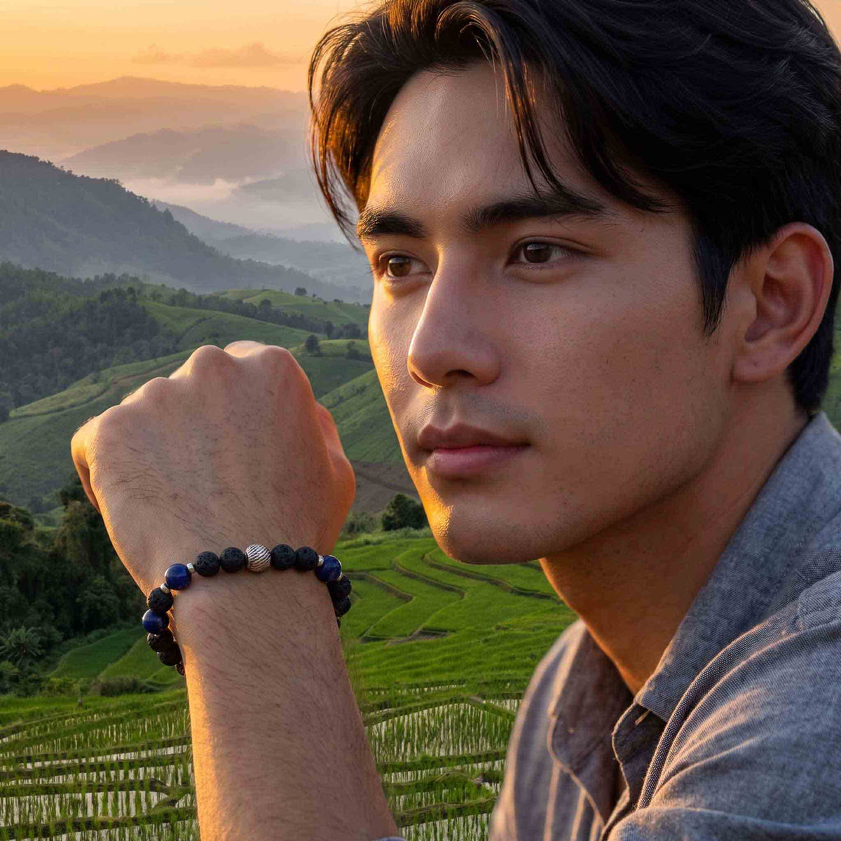 Handcrafted Bracelet Lapis Lazuli and Lava Stone Men's Bracelet with Silver Accent, Handmade Jewelry from Chiang Mai Thailand - Lalanna Design
