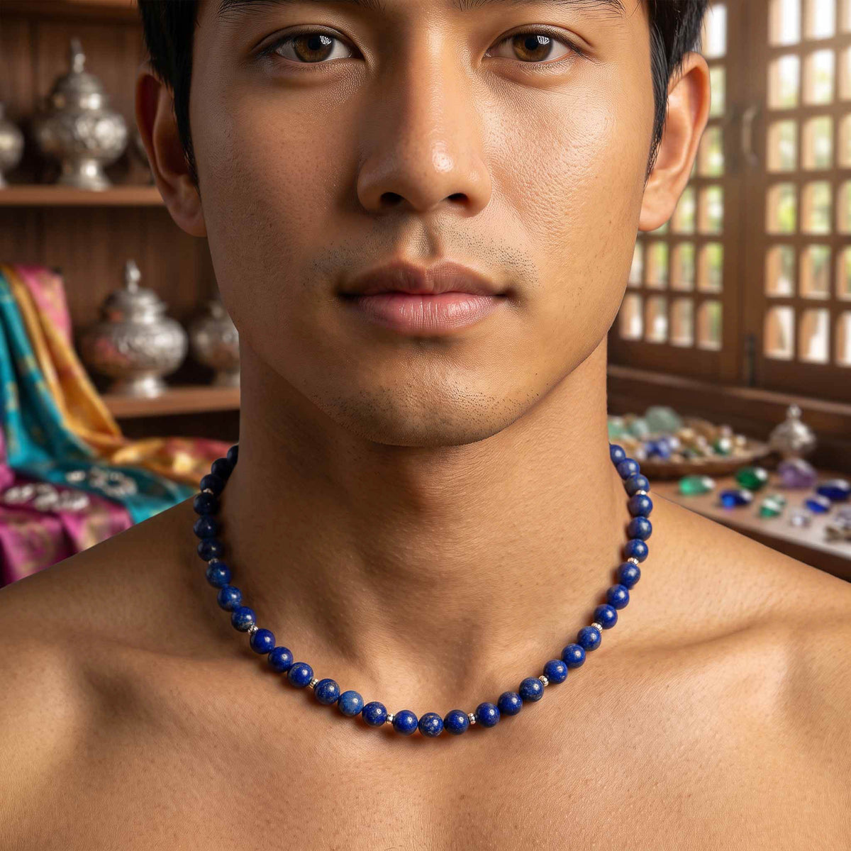 Handcrafted Necklace Lapis Lazuli Men's Necklace with Silver Spacers, Handmade Jewelry from Chiang Mai Thailand - Lalanna Design