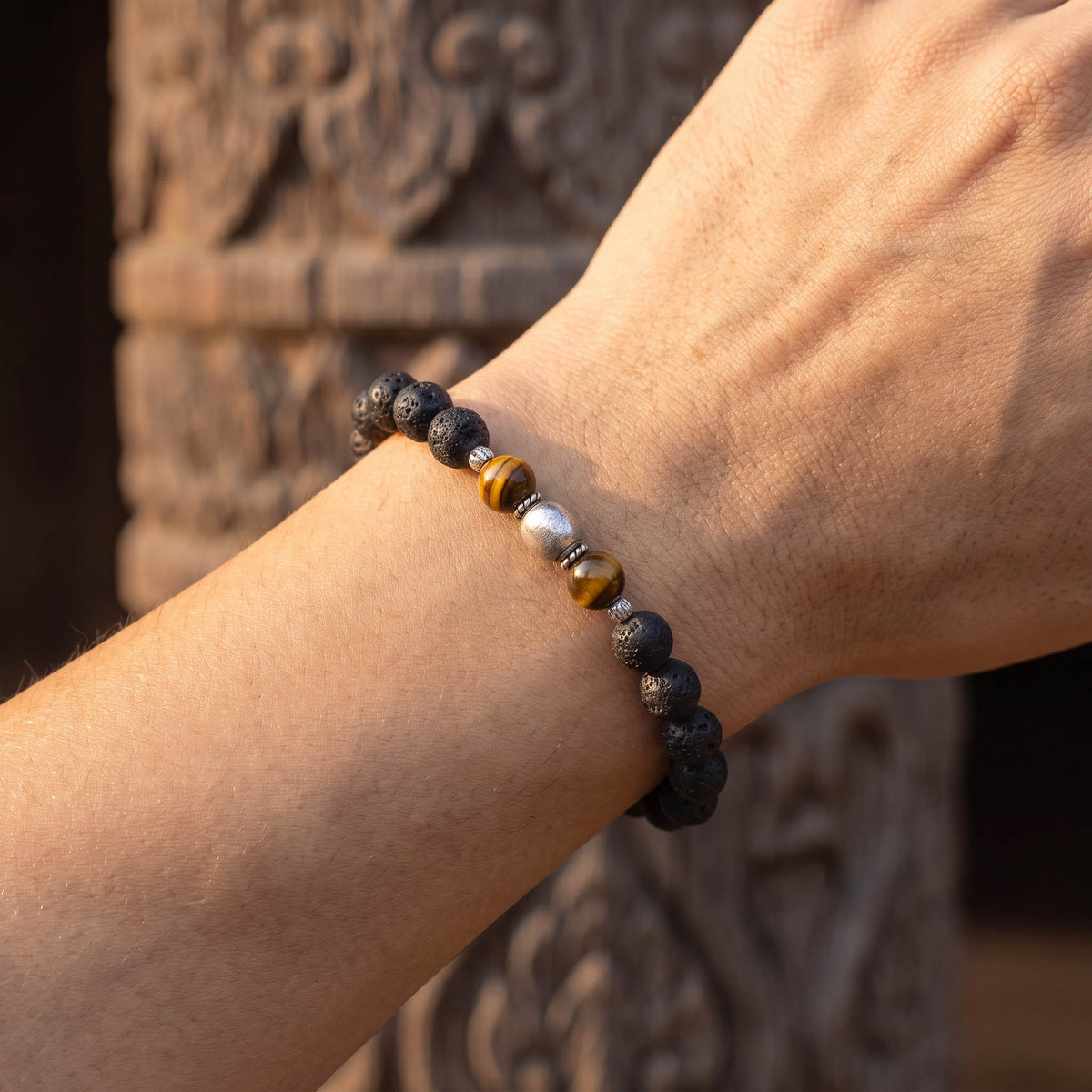 Handcrafted Bracelet Lava Stone and Tiger Eye Men's Stretch Bracelet with Silver Spacers, Handmade Jewelry from Chiang Mai Thailand - Lalanna Design