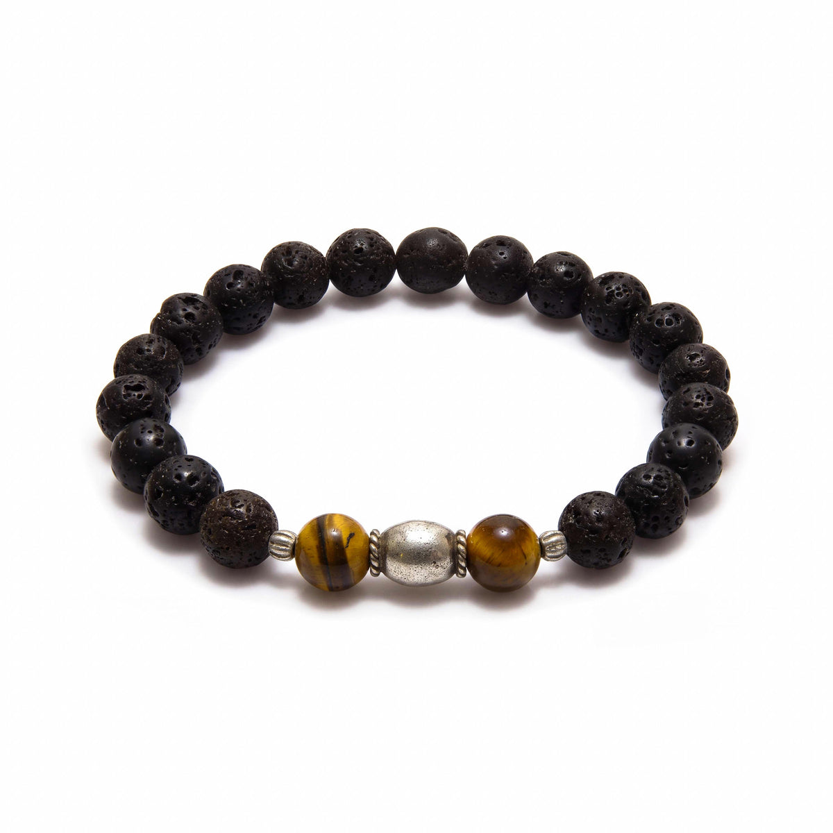 Handcrafted Bracelet Lava Stone and Tiger Eye Men's Stretch Bracelet with Silver Spacers, Handmade Jewelry from Chiang Mai Thailand - Lalanna Design