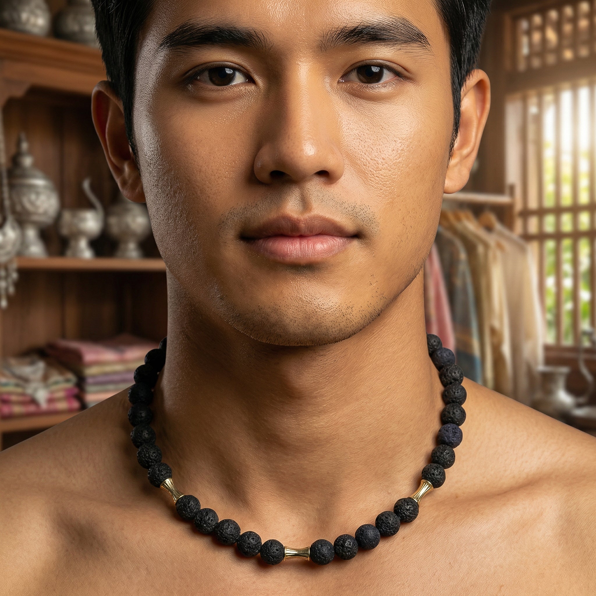 Handcrafted Lava Stone Men's Necklace with Karen Silver Beads from Chiang Rai Thailand - Lalanna Design