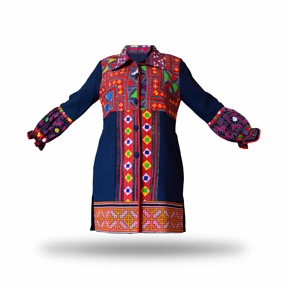 Handcrafted Modern-Style Hmong Embroidered Dress Jacket Vibrant Tribal Print from Chiang Mai Thailand - Lalanna Design