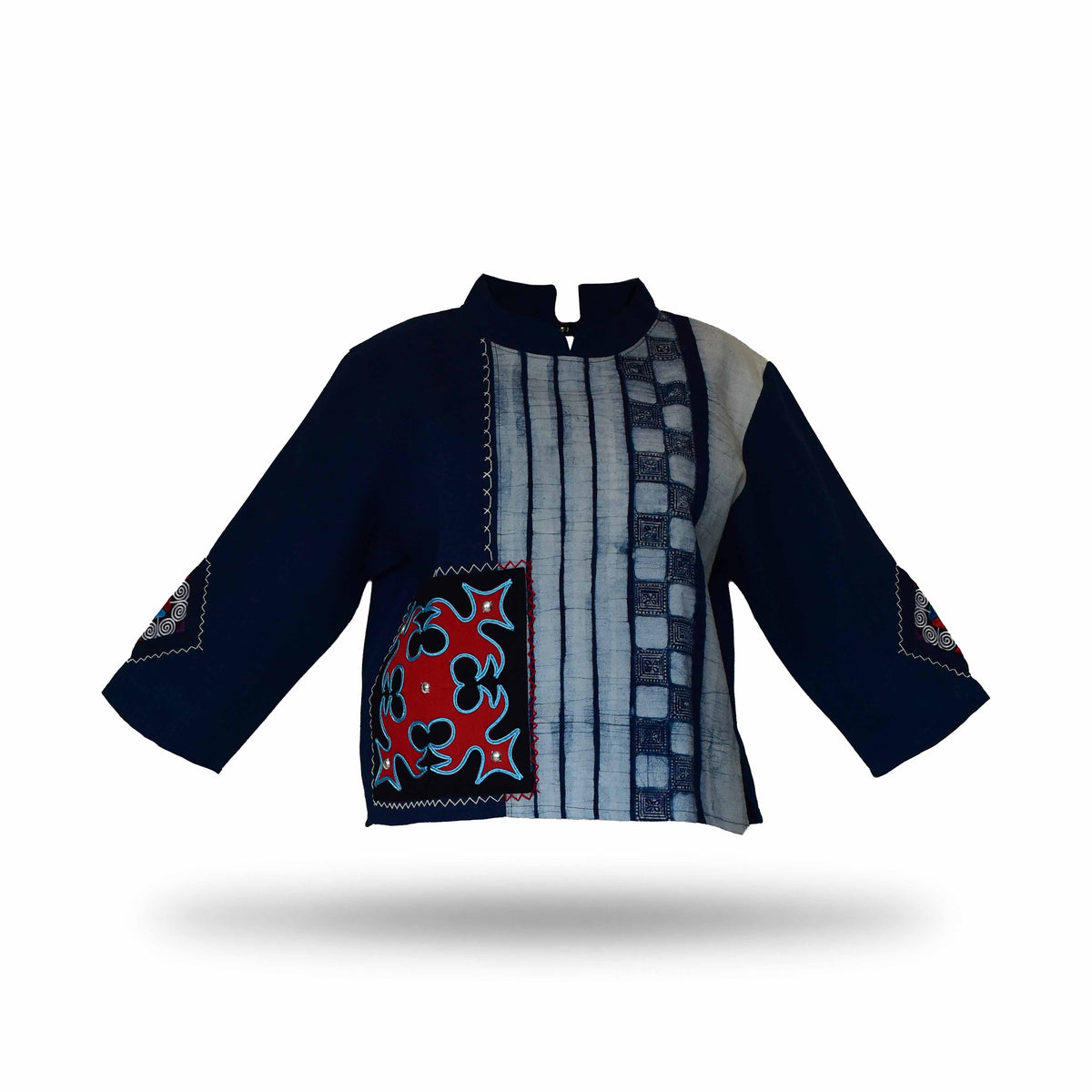 Handcrafted Modern-Style Hmong Hemp Blue Batik Top with Large Diamond Stitched Panel from Chiang Mai Thailand - Lalanna Design