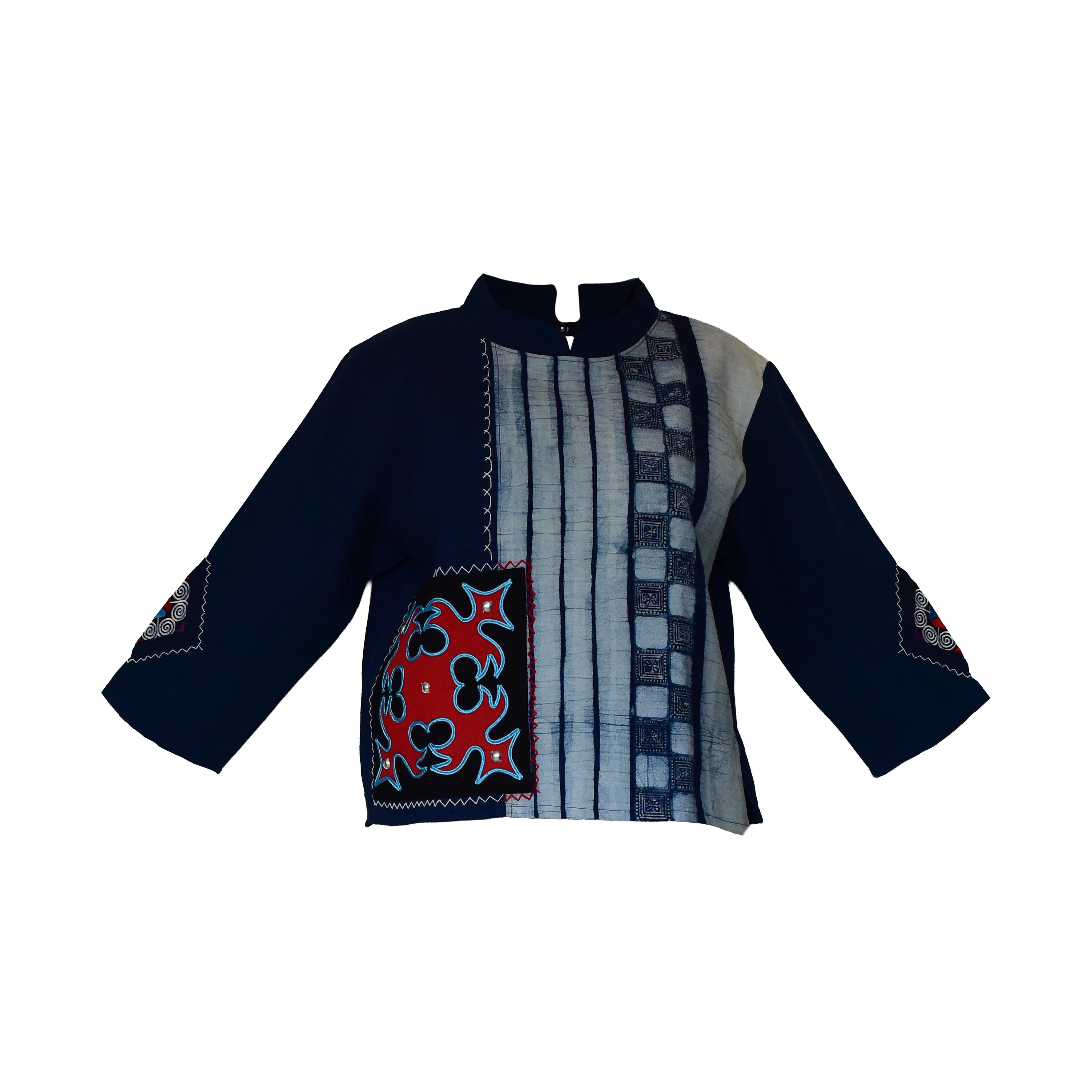 Handcrafted Modern-Style Hmong Hemp Blue Batik Top with Large Diamond Stitched Panel from Chiang Rai Thailand - Lalanna Design