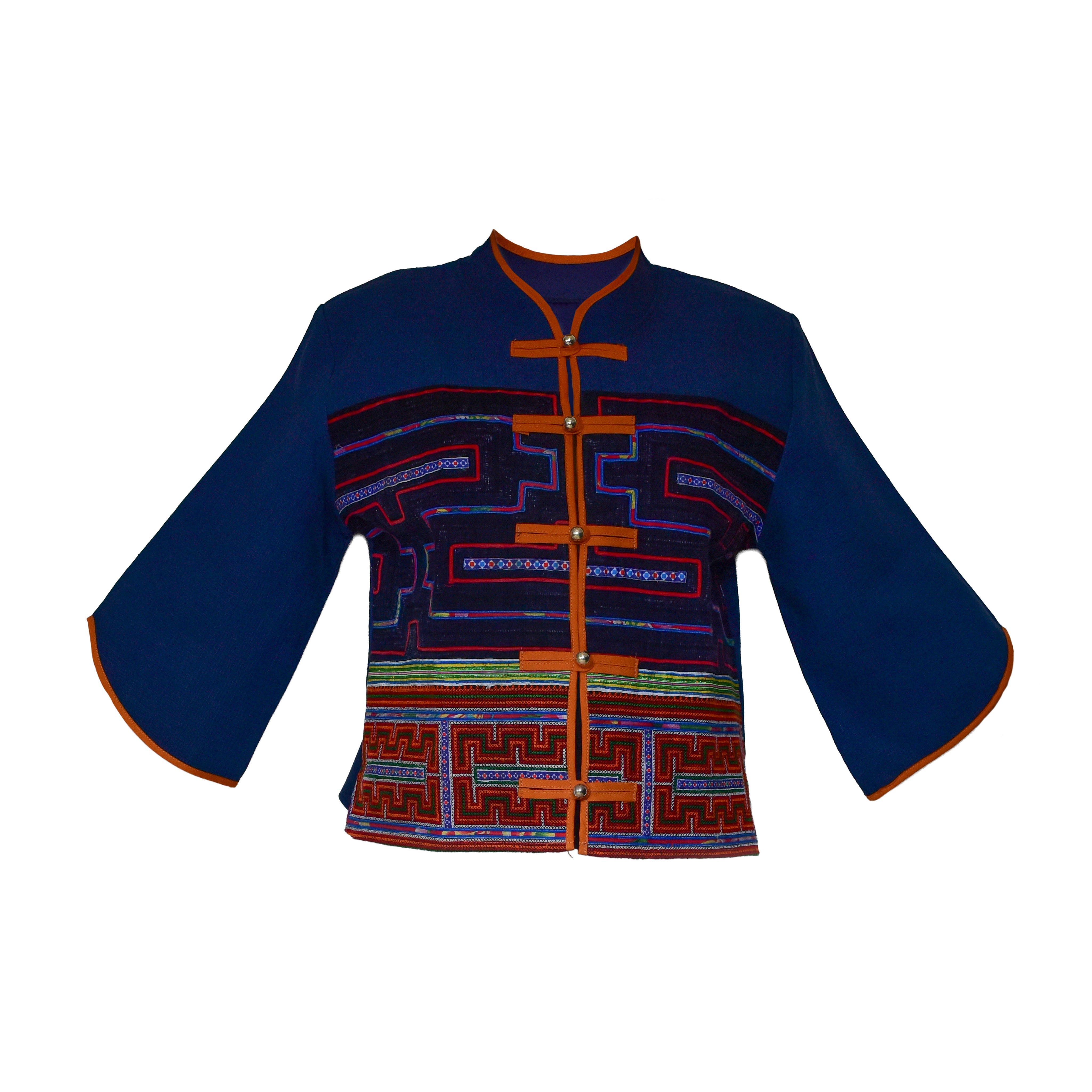 Handcrafted Modern-Style Hmong Hemp Button Jacket Hand-Embroidered Dark Blue from Chiang Mai Thailand - Lalanna Design
