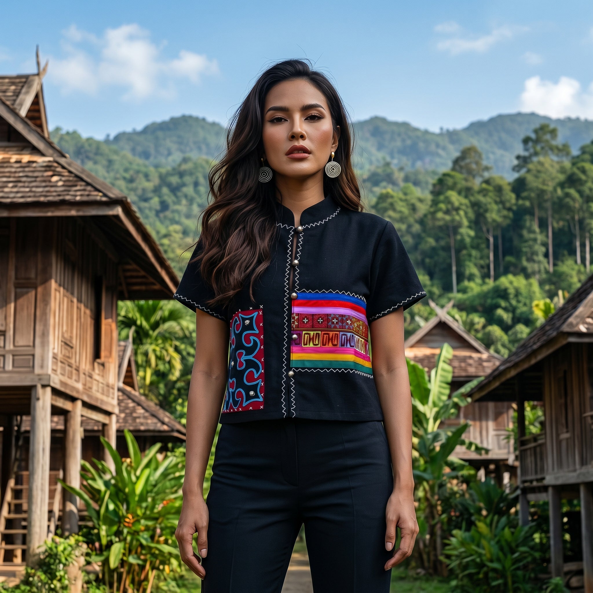 Handcrafted Modern-Style Hmong Hemp Cropped Top Black with Rainbow Embroidery Band from Chiang Rai Thailand - Lalanna Design