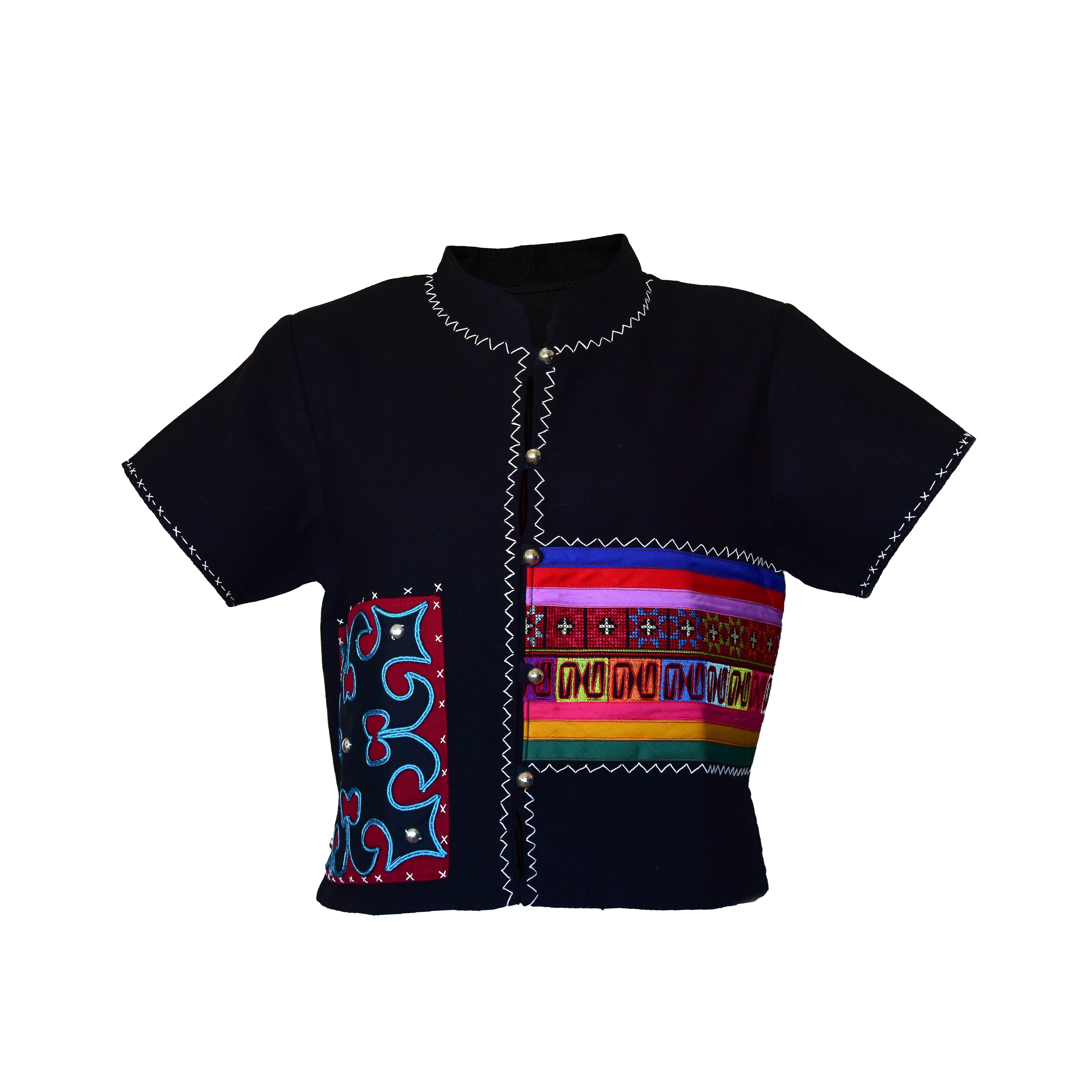 Handcrafted Modern-Style Hmong Hemp Cropped Top Black with Rainbow Embroidery Band from Chiang Rai Thailand - Lalanna Design
