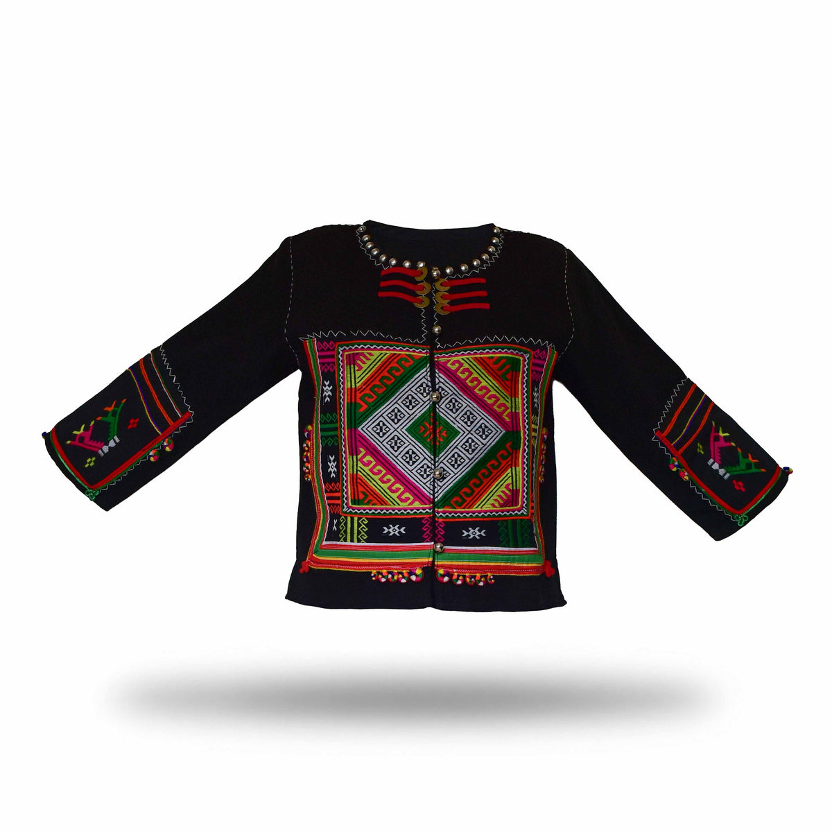 Handcrafted Modern-Style Hmong Hemp Jacket Black with Embroidery Panel and Matching Sleeve Cuffs from Chiang Mai Thailand - Lalanna Design