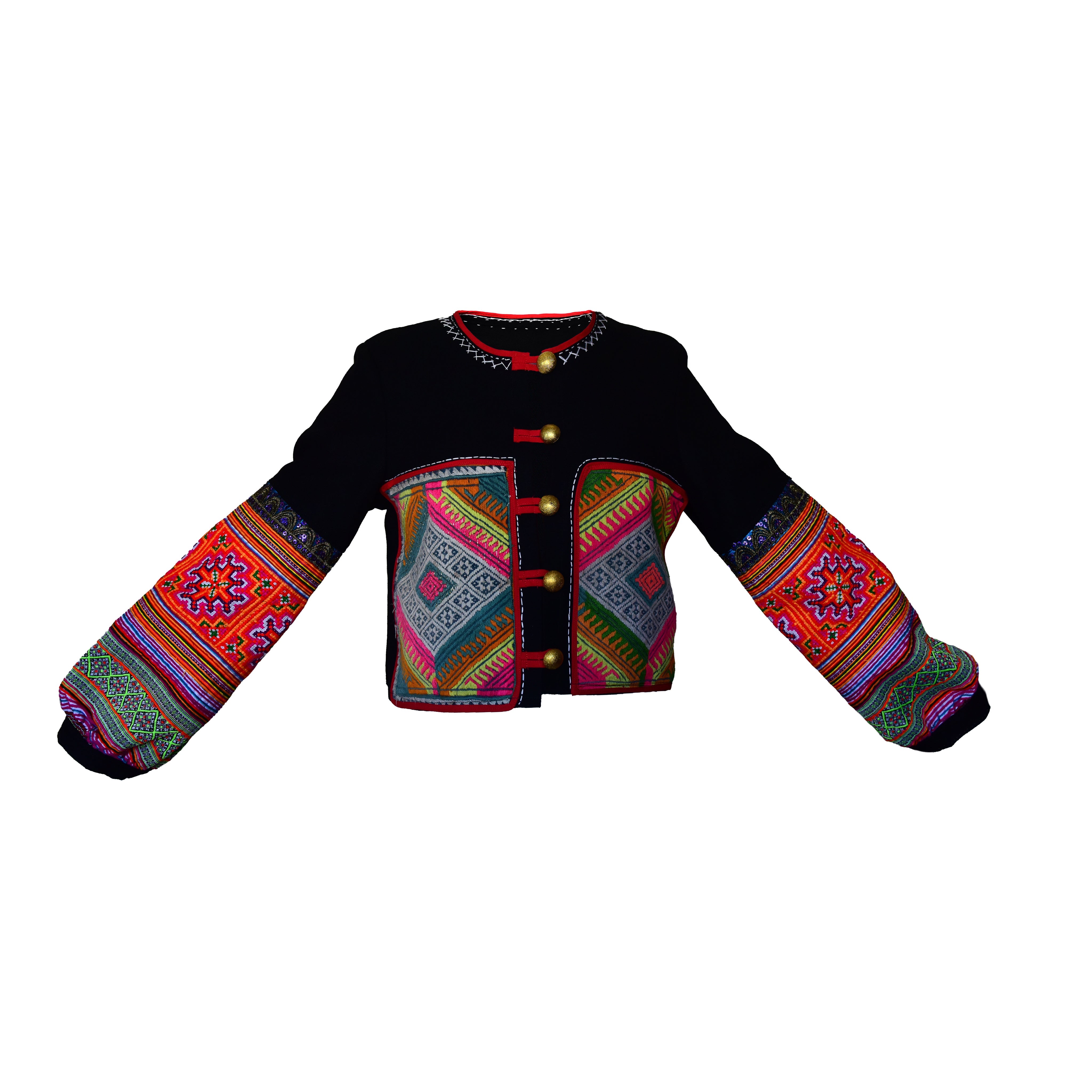 Handcrafted Modern-Style Hmong Hemp Jacket Black with Extensive Tribal Embroidery on Front and Sleeves from Chiang Mai Thailand - Lalanna Design