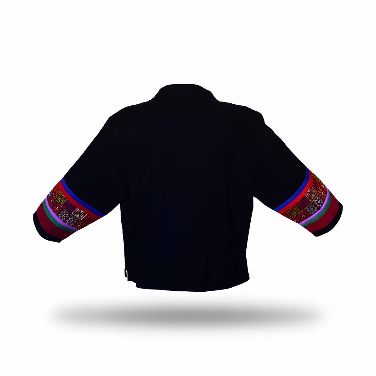 Handcrafted Modern-Style Hmong Hemp Jacket Black with Large Dual Front Panels and Red Frog Buttons from Chiang Mai Thailand - Lalanna Design