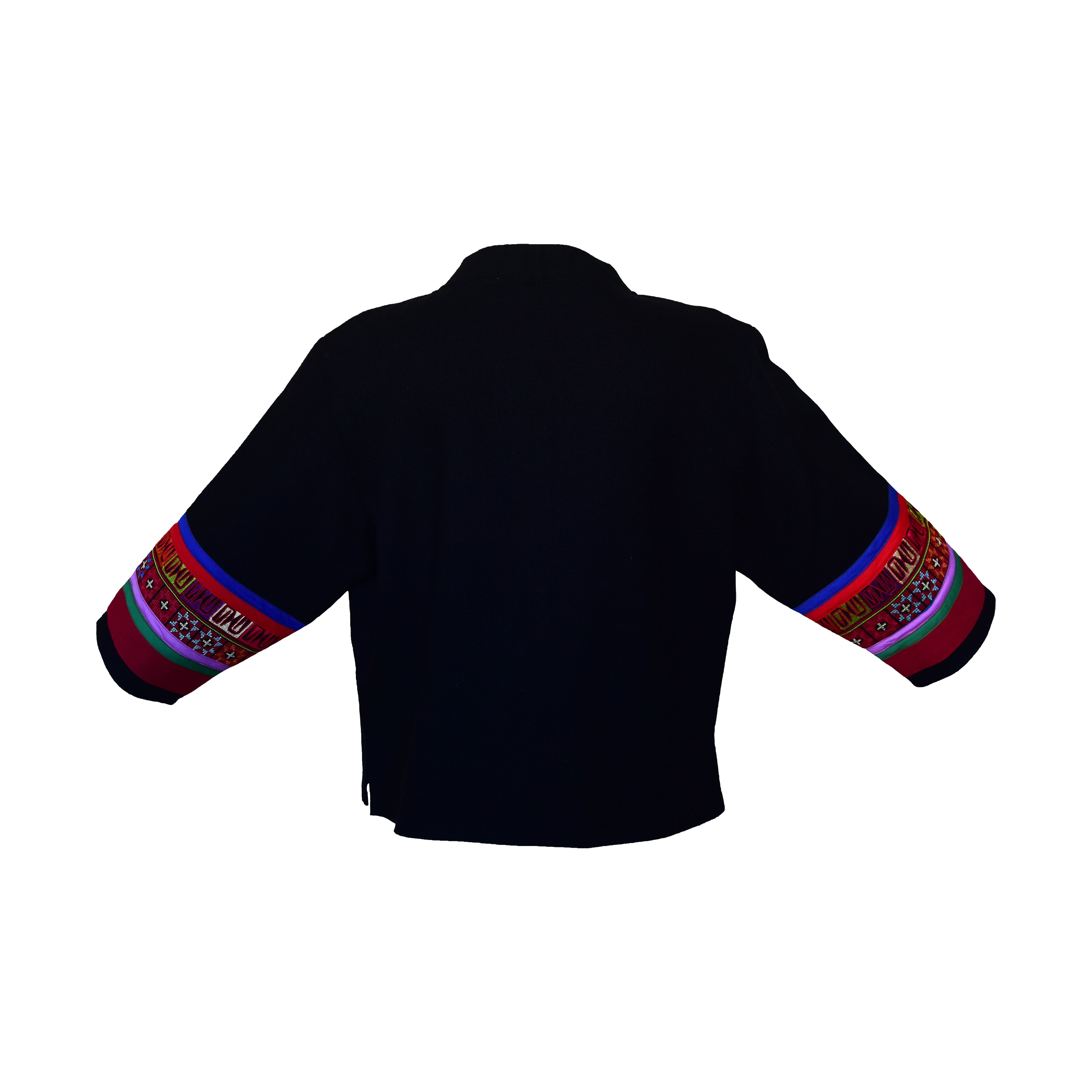 Handcrafted Modern-Style Hmong Hemp Jacket Black with Large Dual Front Panels and Red Frog Buttons from Chiang Mai Thailand - Lalanna Design