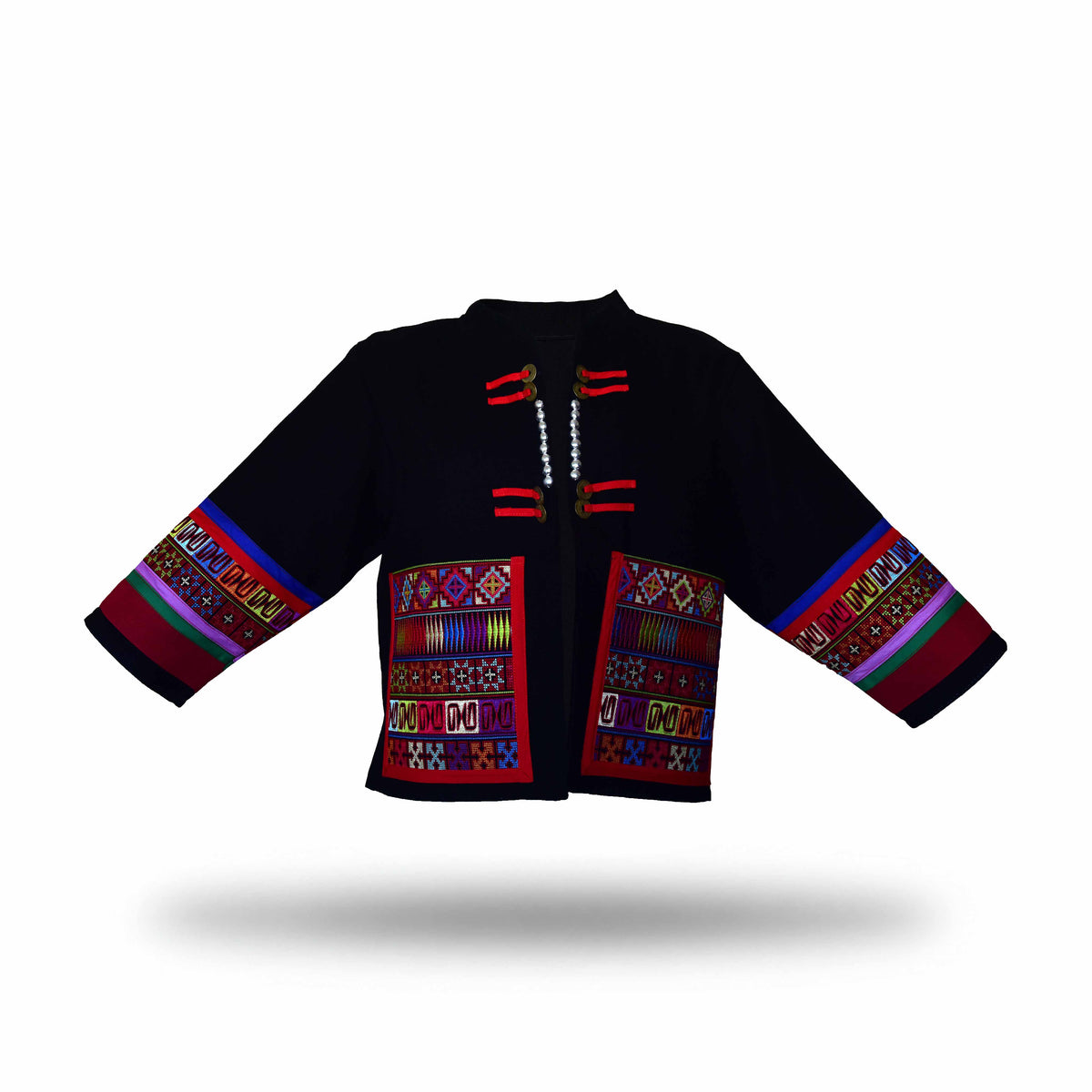 Handcrafted Modern-Style Hmong Hemp Jacket Black with Large Dual Front Panels and Red Frog Buttons from Chiang Mai Thailand - Lalanna Design