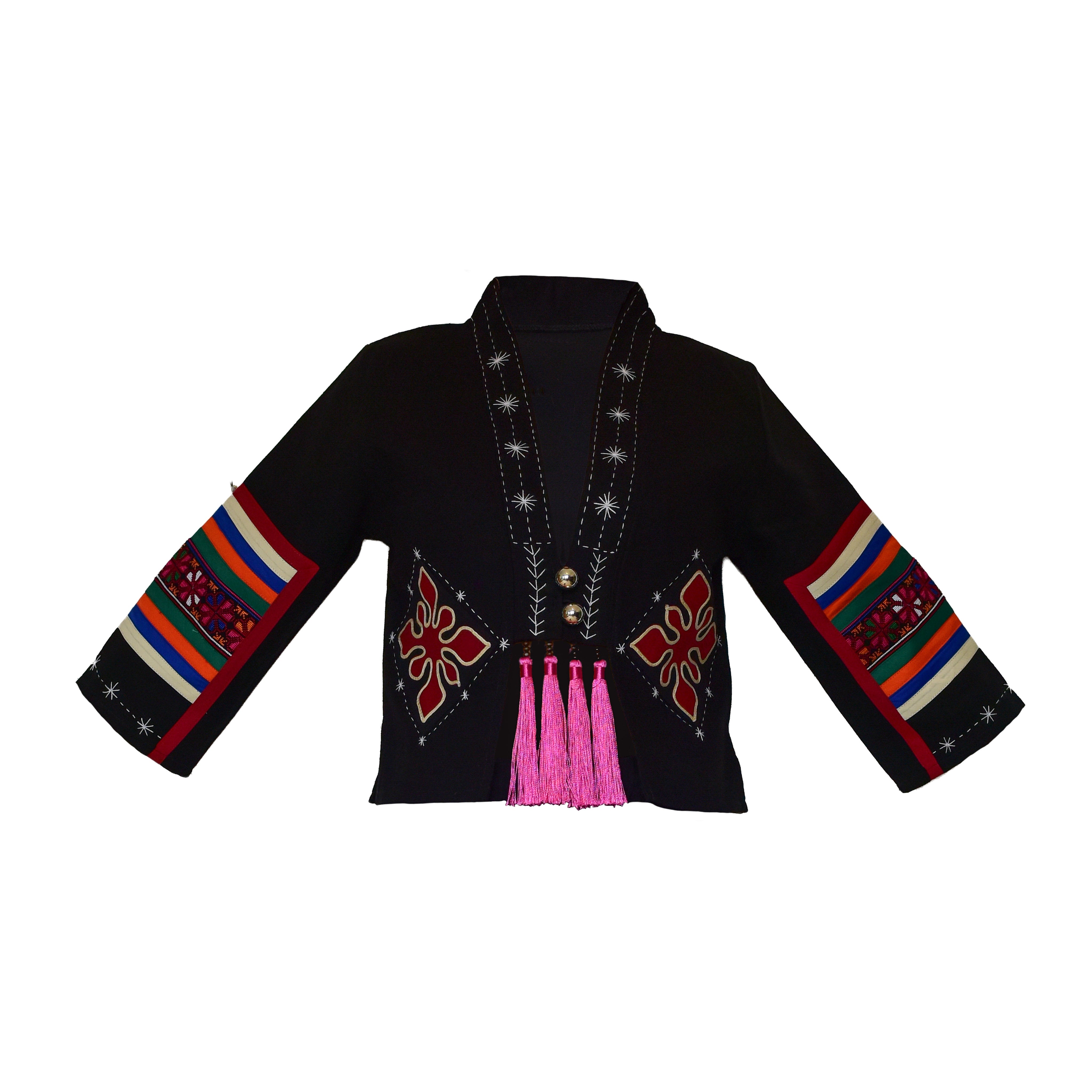 Handcrafted Modern-Style Hmong Hemp Jacket Hand Decorative Stitch Embroidery Black from Chiang Mai Thailand - Lalanna Design