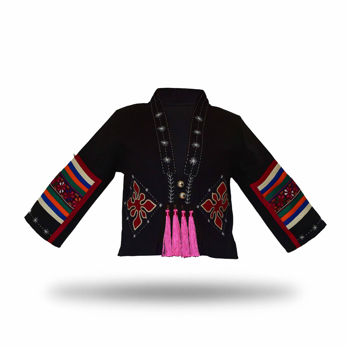 Handcrafted Modern-Style Hmong Hemp Jacket Hand Decorative Stitch Embroidery Black from Chiang Mai Thailand - Lalanna Design