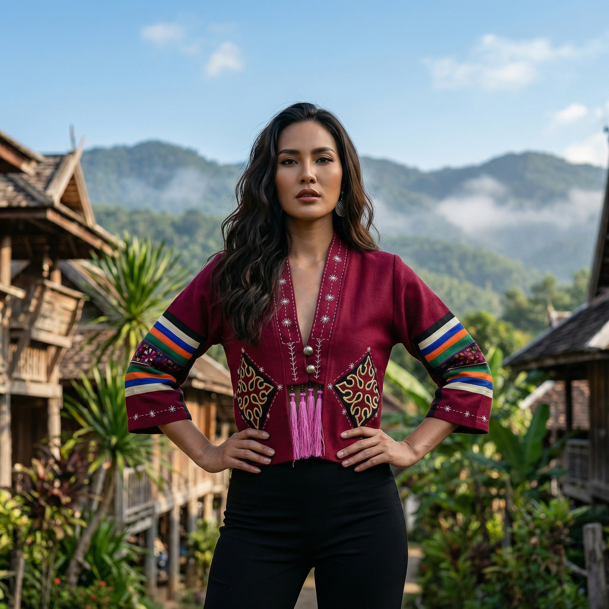 Handcrafted Modern-Style Hmong Hemp Jacket Hand Decorative Stitch Embroidery Red from Chiang Mai Thailand - Lalanna Design
