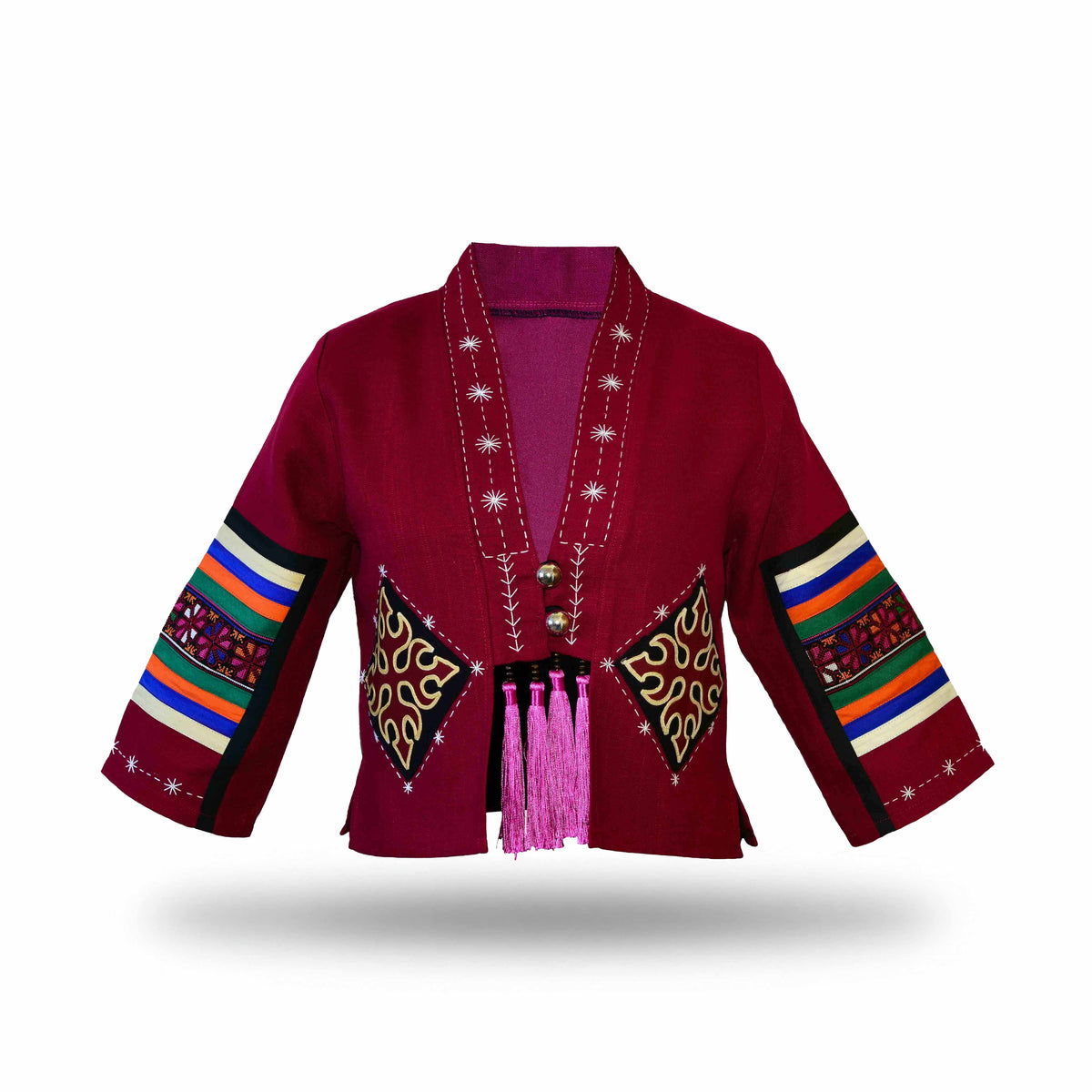 Handcrafted Modern-Style Hmong Hemp Jacket Hand Decorative Stitch Embroidery Red from Chiang Mai Thailand - Lalanna Design