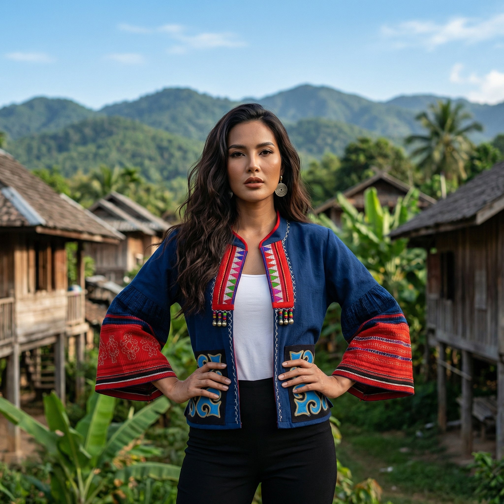 Handcrafted Modern-Style Hmong Hemp Jacket Hand-Embroidered Dark Blue with Iu Mien Pattern from Chiang Mai Thailand - Lalanna Design