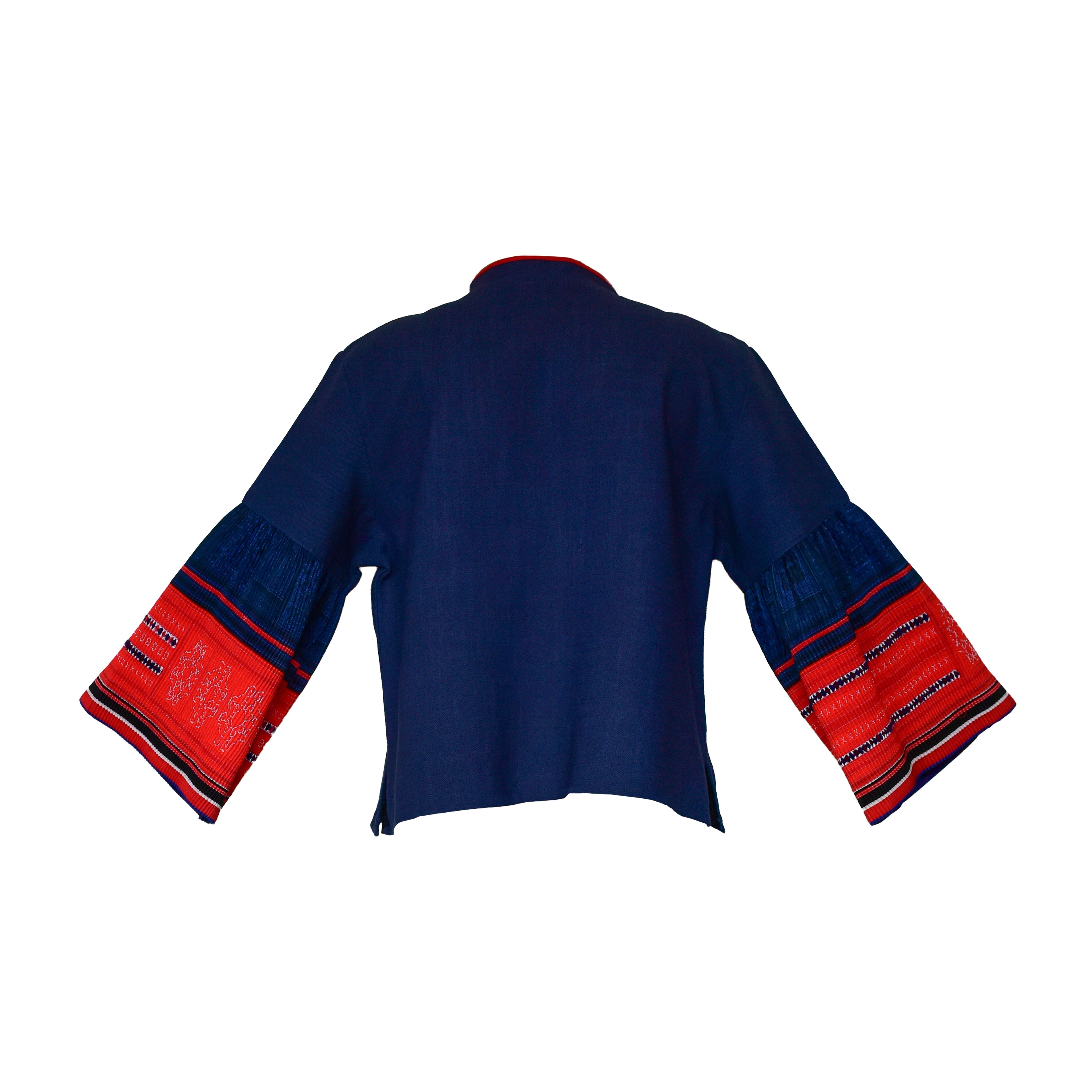 Handcrafted Modern-Style Hmong Hemp Jacket Hand-Embroidered Dark Blue with Iu Mien Pattern from Chiang Mai Thailand - Lalanna Design