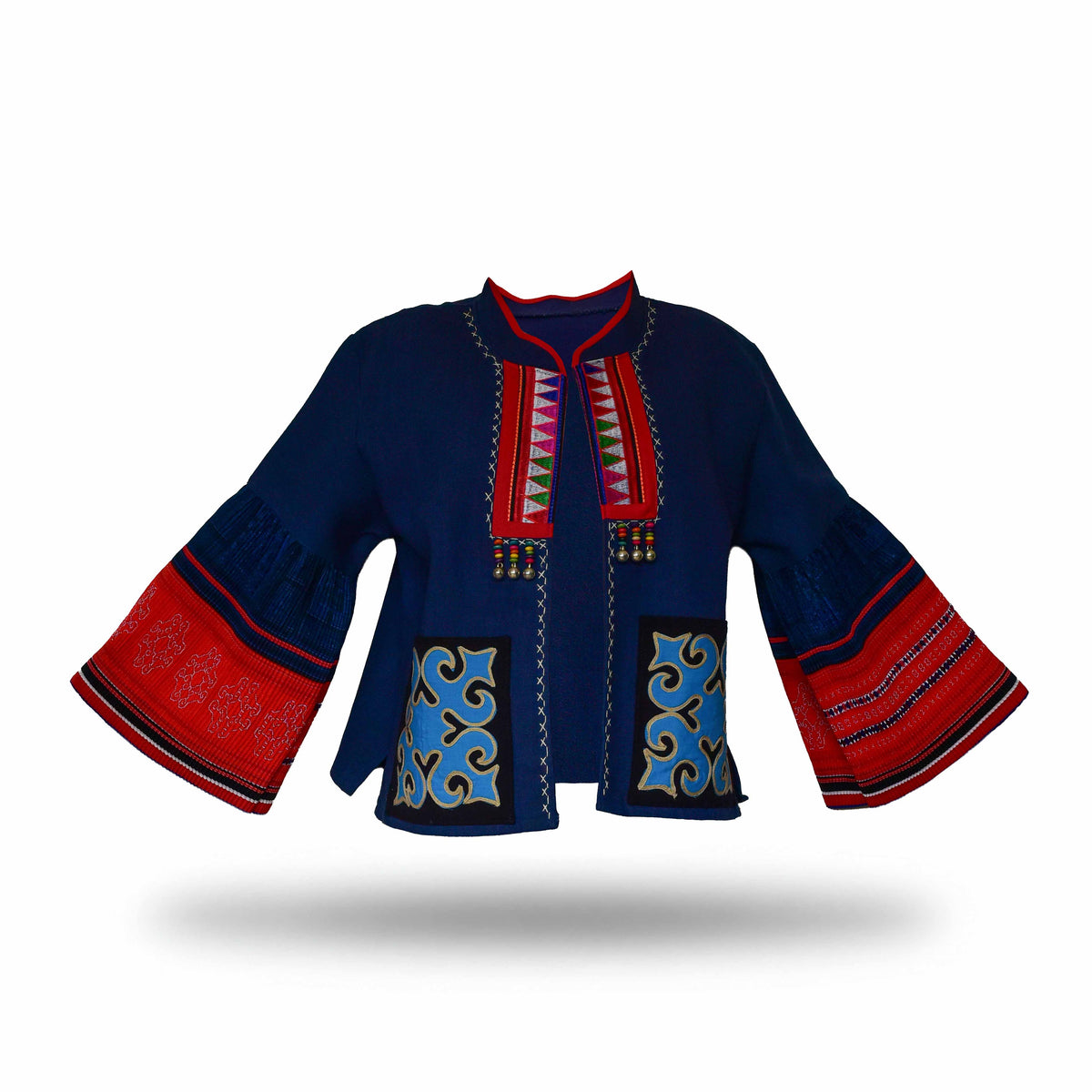 Handcrafted Modern-Style Hmong Hemp Jacket Hand-Embroidered Dark Blue with Iu Mien Pattern from Chiang Mai Thailand - Lalanna Design