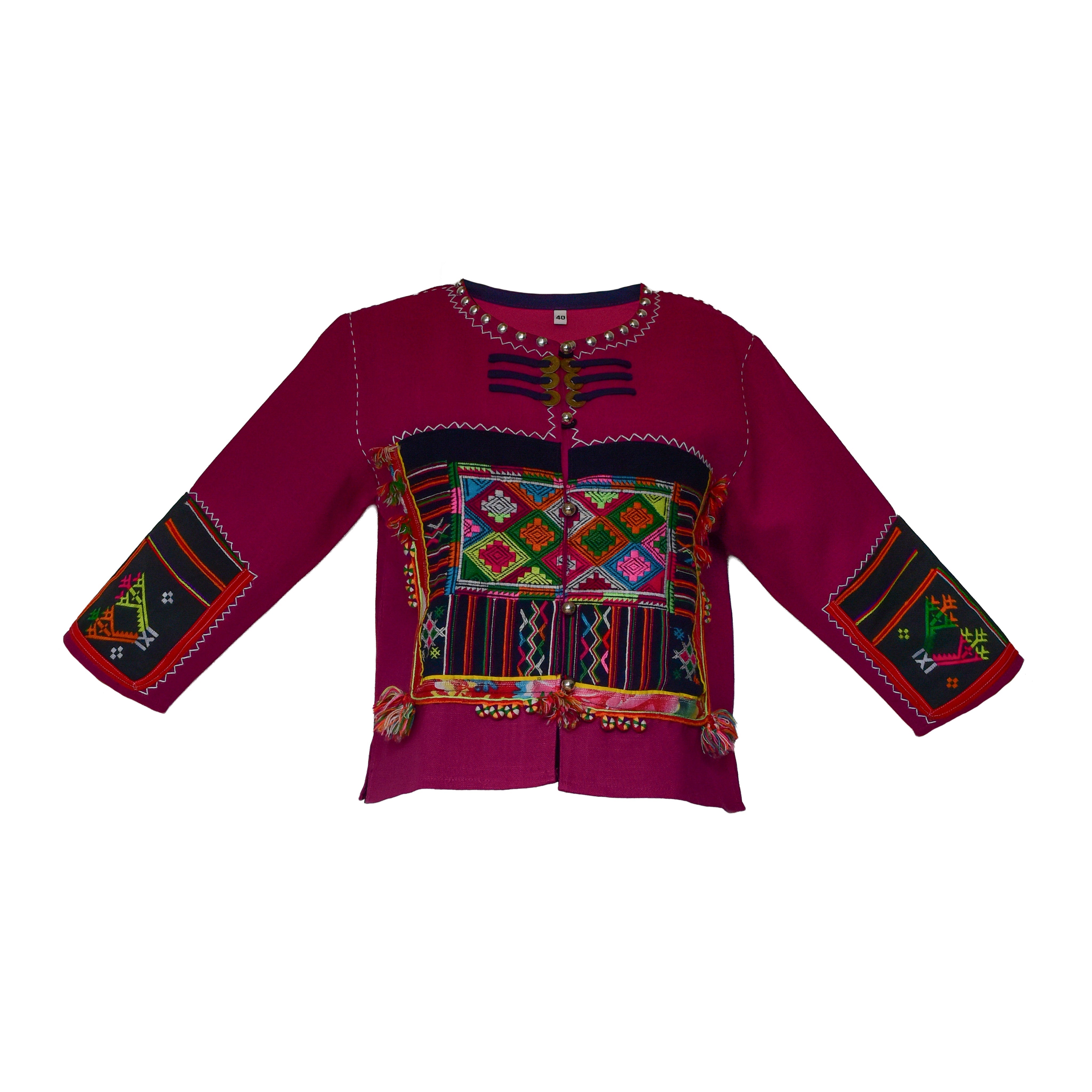 Handcrafted Modern-Style Hmong Hemp Jacket Pink with Embroidery Panel and Matching Sleeve Cuffs from Chiang Mai Thailand - Lalanna Design