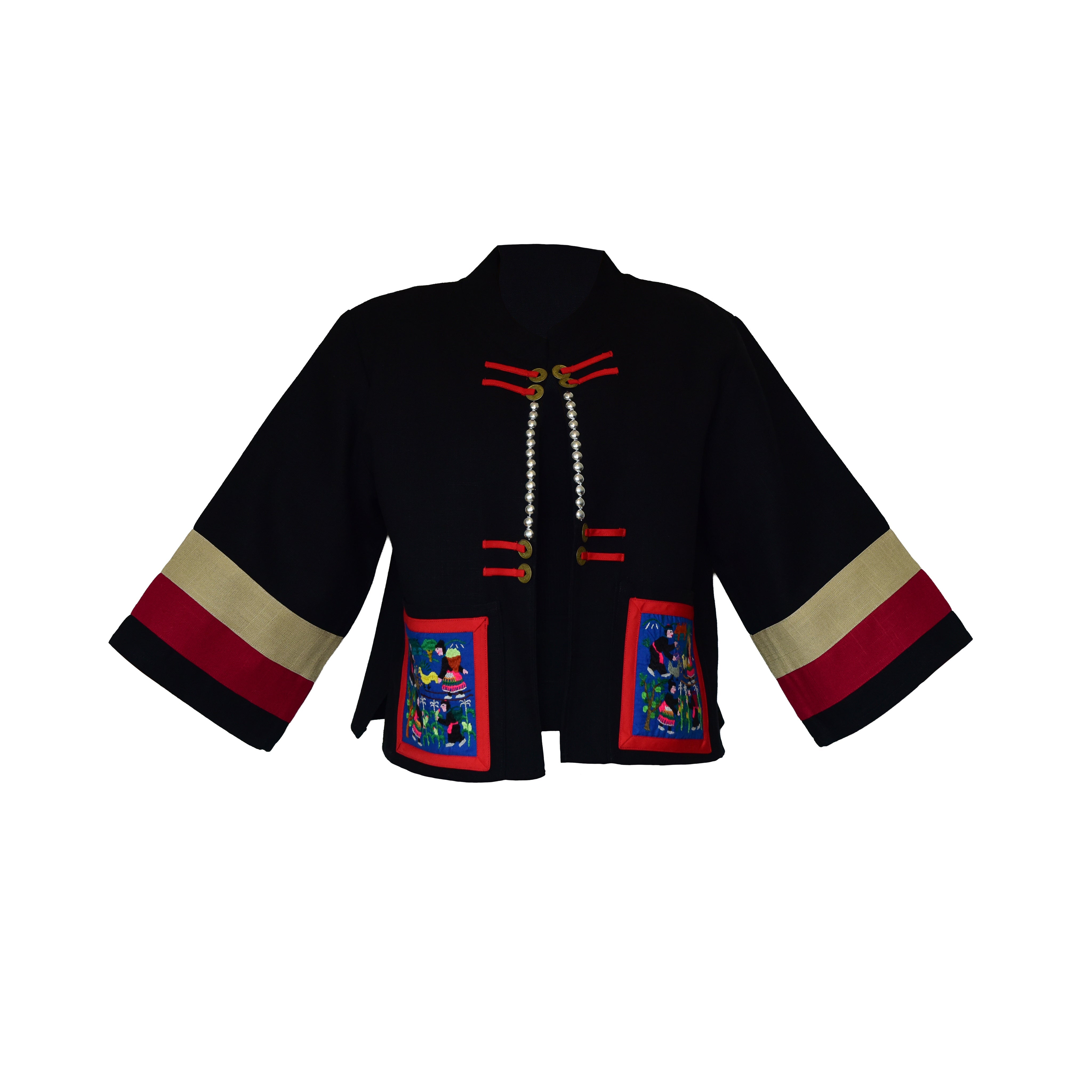 Handcrafted Modern-Style Hmong Hemp Jacket with Embroidery Panels from Chiang Mai Thailand - Lalanna Design