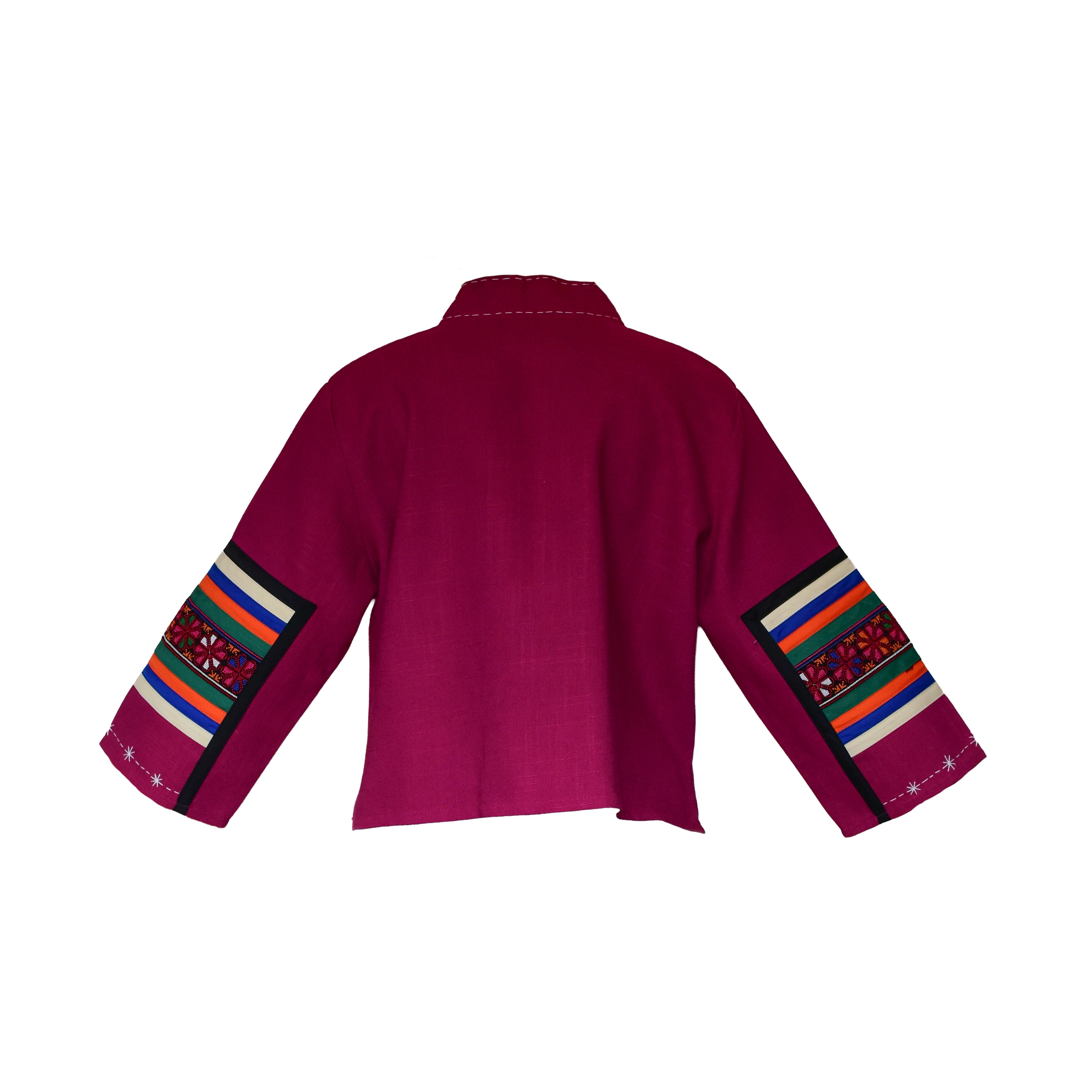 Handcrafted Modern-Style Hmong Hemp Jacket with Hand Decorative Stitch Embroidery Pink from Chiang Mai Thailand - Lalanna Design