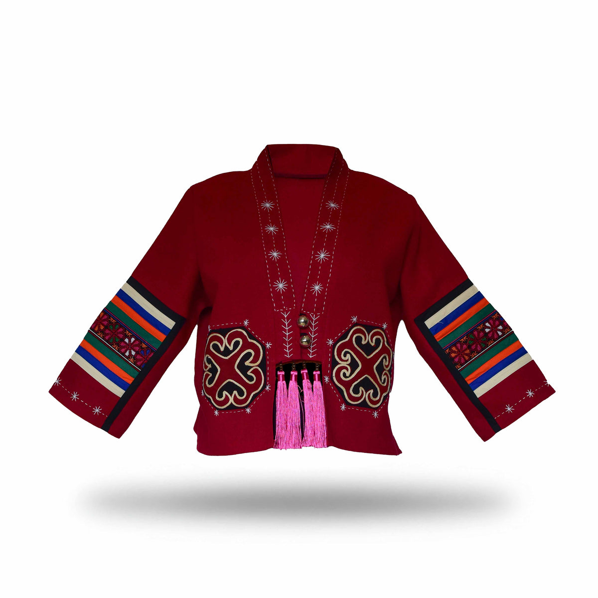 Handcrafted Modern-Style Hmong Hemp Jacket with Hand Decorative Stitch Embroidery Red from Chiang Mai Thailand - Lalanna Design