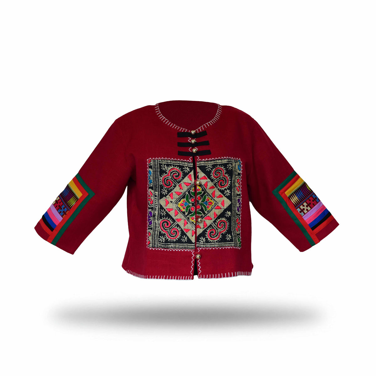Handcrafted Modern-Style Hmong Hemp Jacket with Large Central Geometric Embroidery Panel from Chiang Mai Thailand - Lalanna Design