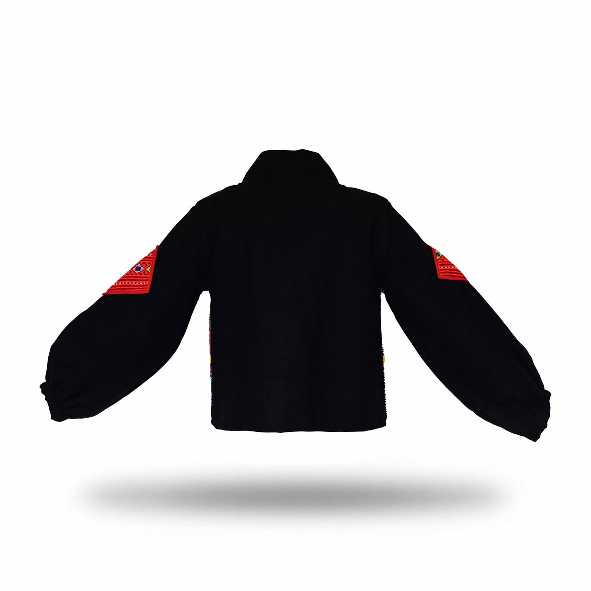 Handcrafted Modern-Style-Hmong Hemp Jacket with Multicolor Geometric Embroidery and Red Frog Closures from Chiang Mai Thailand - Lalanna Design