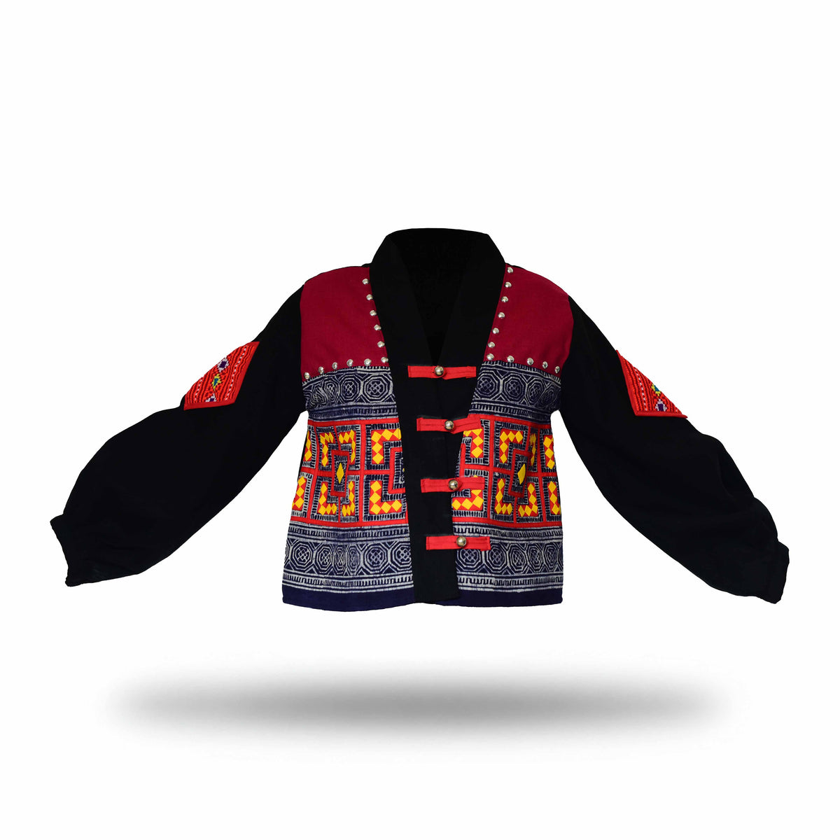 Handcrafted Modern-Style-Hmong Hemp Jacket with Multicolor Geometric Embroidery and Red Frog Closures from Chiang Mai Thailand - Lalanna Design