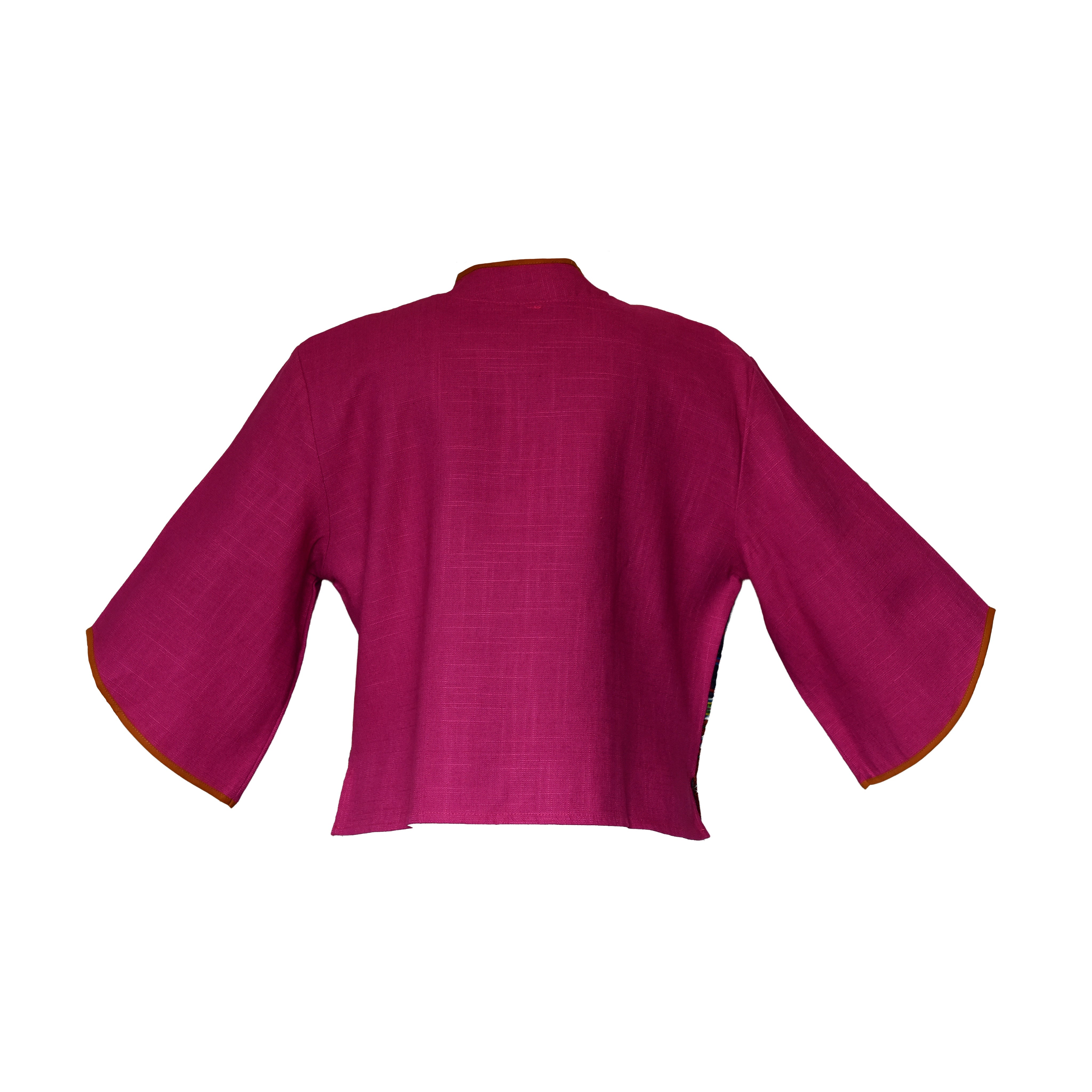Handcrafted Modern-Style Hmong Hemp Jacket with Multicolor Geometric Pattern Band from Chiang Mai Thailand - Lalanna Design