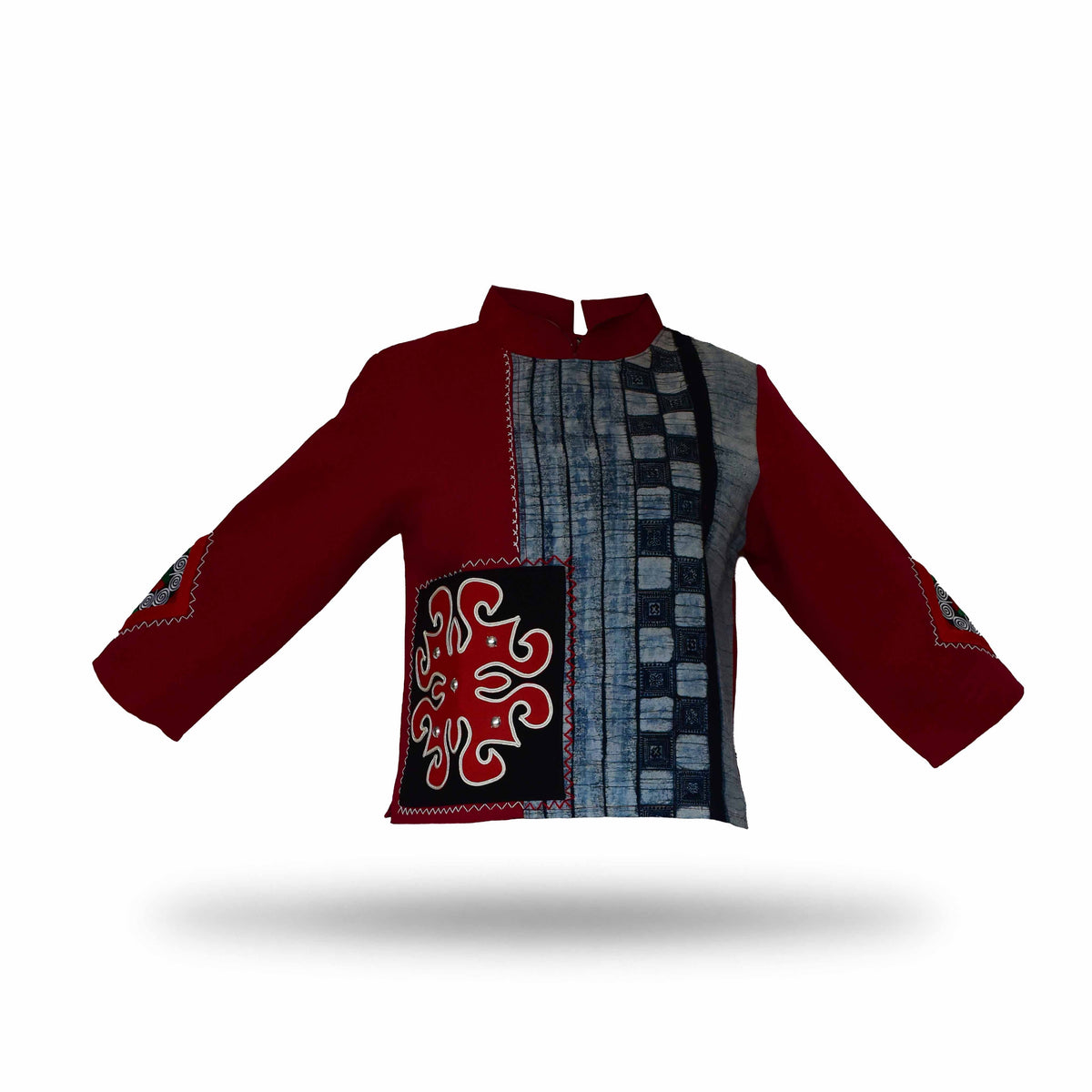 Handcrafted Modern-Style Hmong Hemp Red Batik Top with Large Diamond Stitched Panel from Chiang Mai Thailand - Lalanna Design