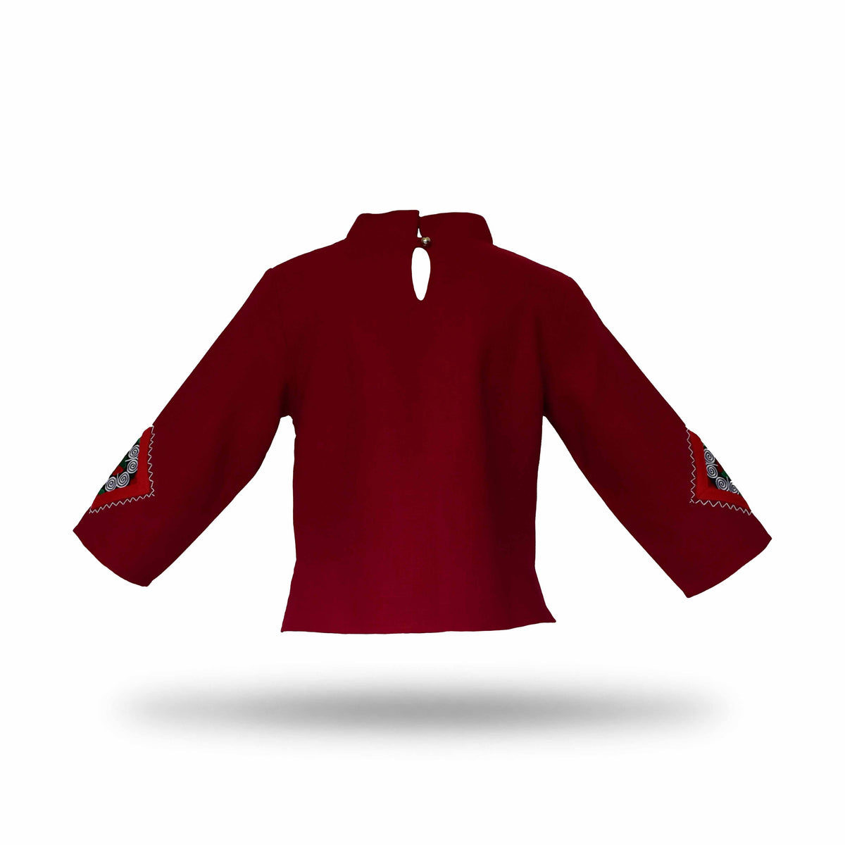 Handcrafted Modern-Style Hmong Hemp Red Batik Top with Large Diamond Stitched Panel from Chiang Mai Thailand - Lalanna Design