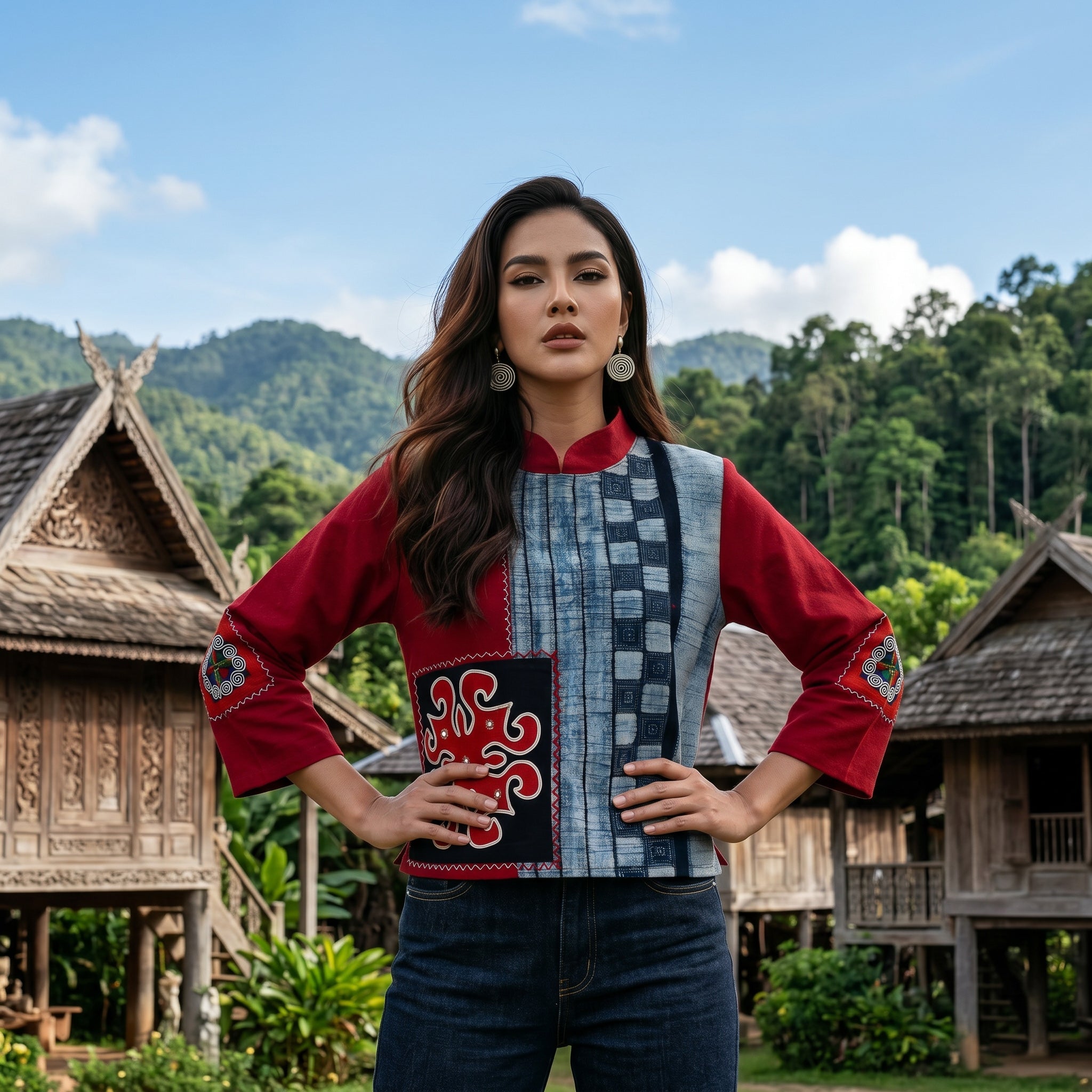Handcrafted Modern-Style Hmong Hemp Red Batik Top with Large Diamond Stitched Panel from Chiang Rai Thailand - Lalanna Design