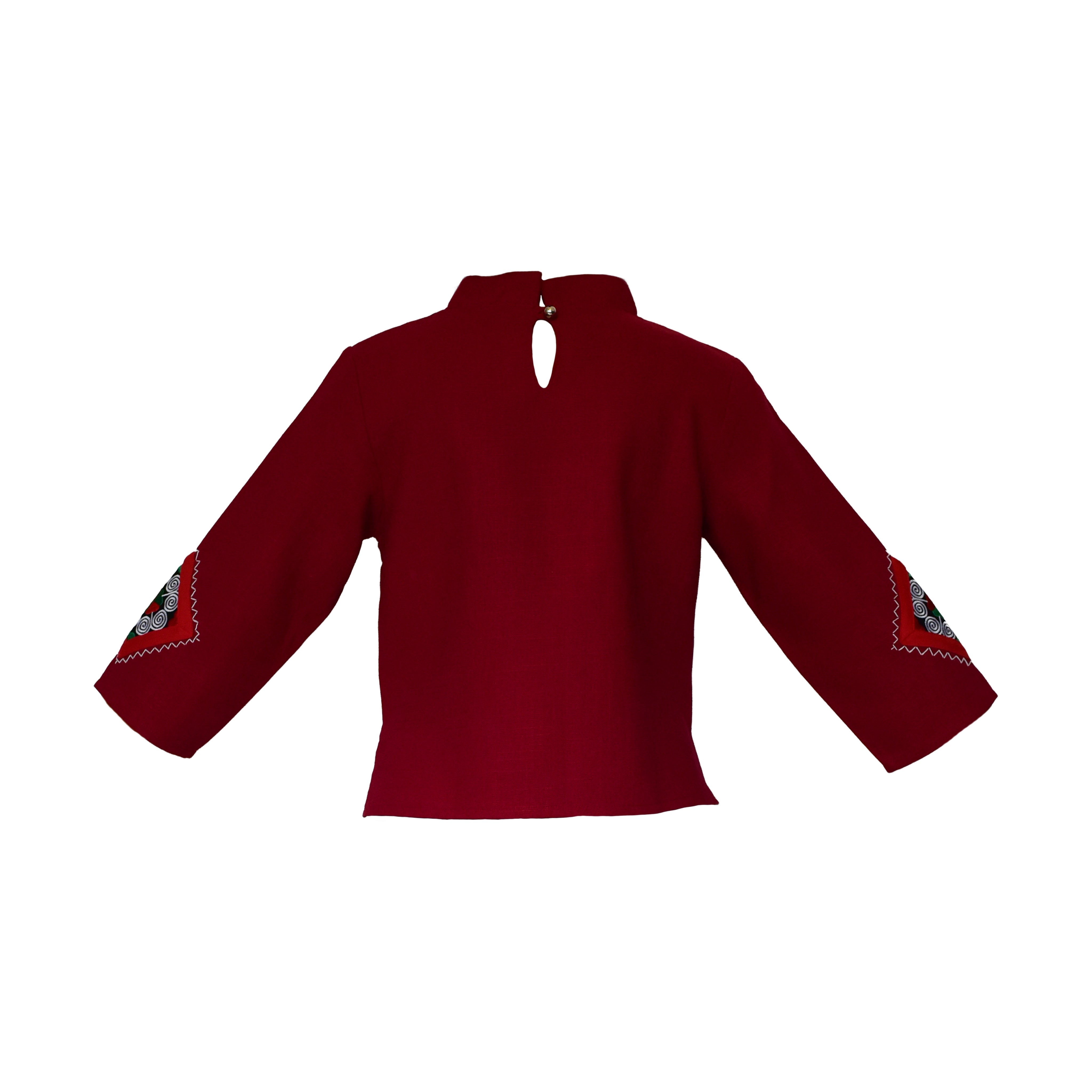 Handcrafted Modern-Style Hmong Hemp Red Batik Top with Large Diamond Stitched Panel from Chiang Mai Thailand - Lalanna Design
