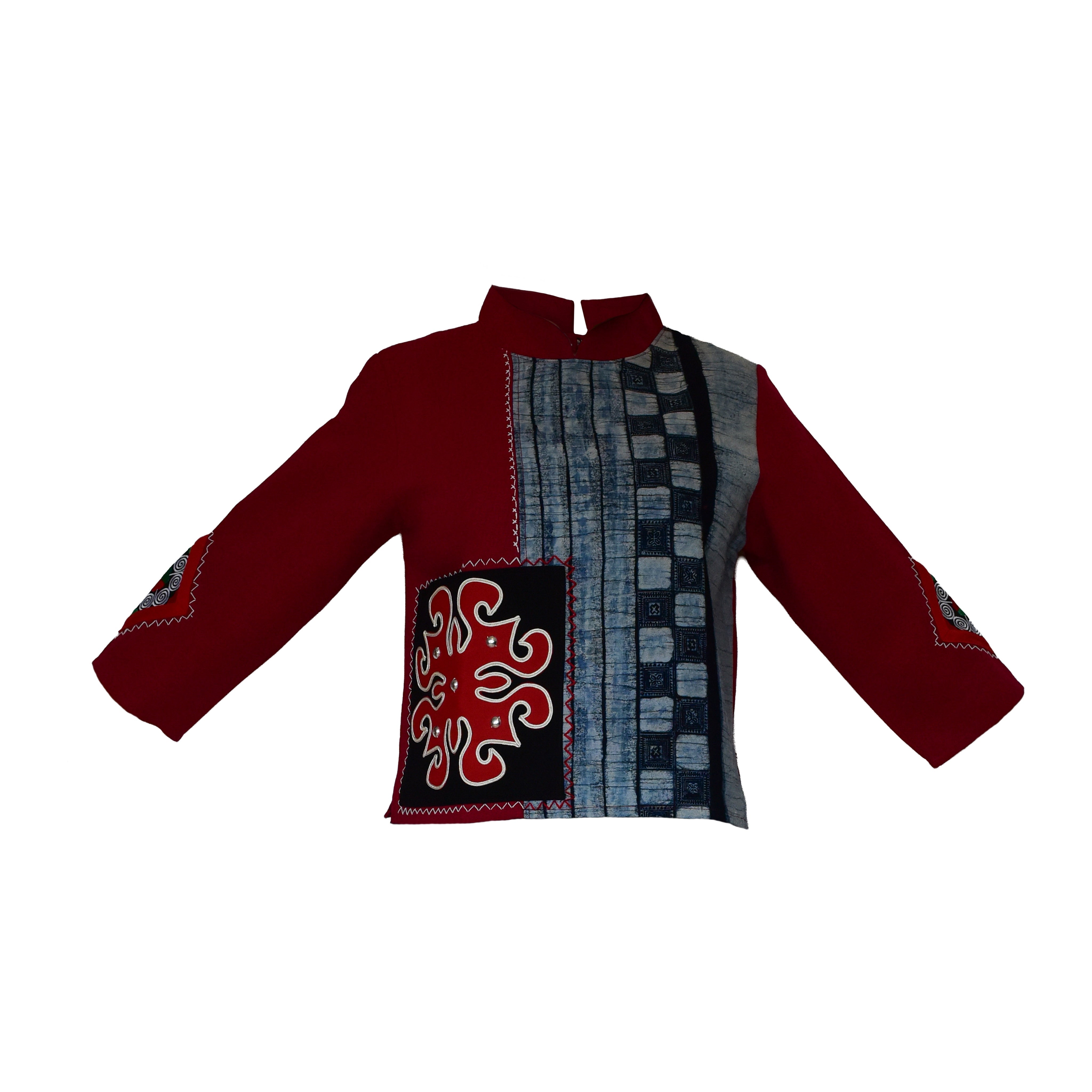 Handcrafted Modern-Style Hmong Hemp Red Batik Top with Large Diamond Stitched Panel from Chiang Rai Thailand - Lalanna Design