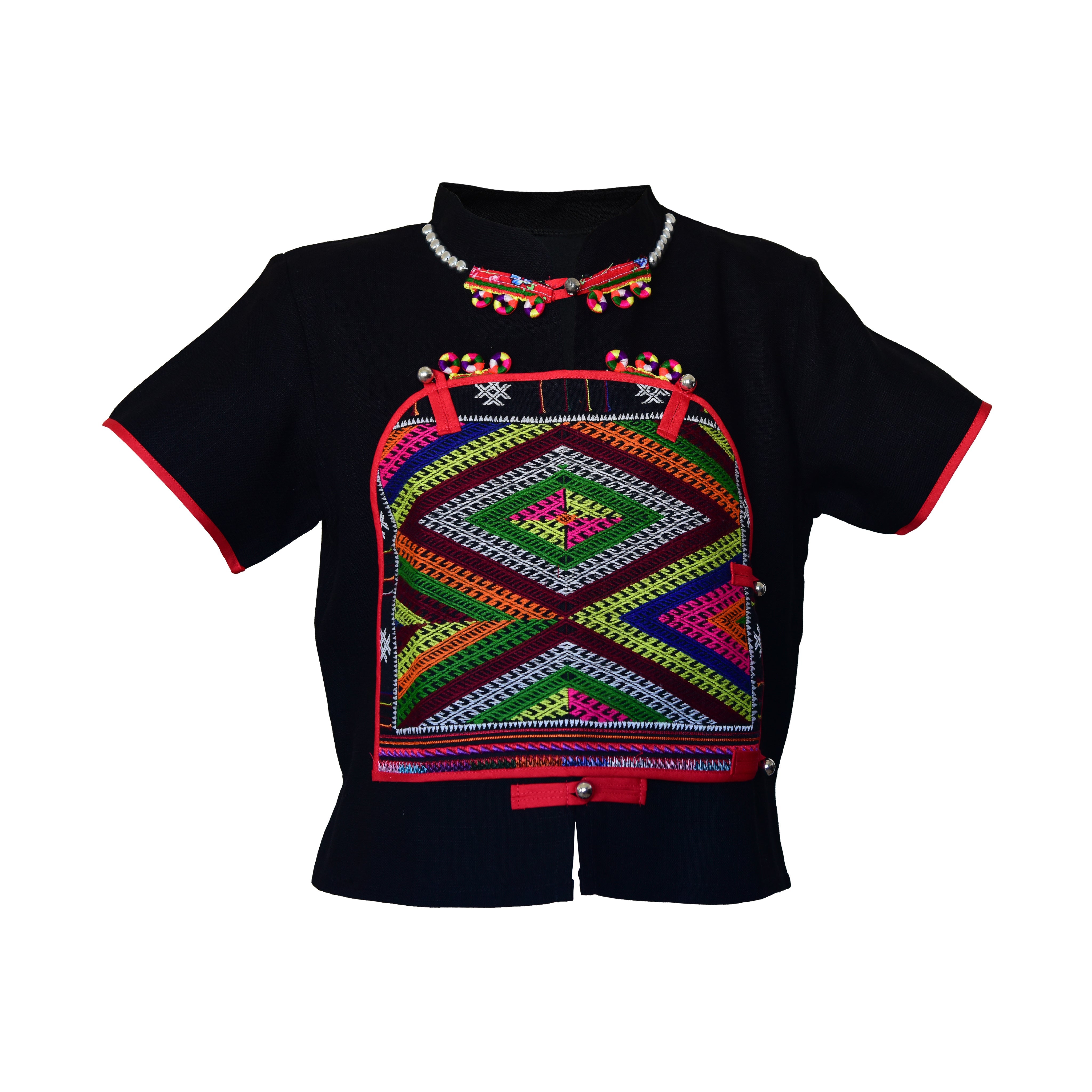 Handcrafted Modern-Style Hmong Hemp Top Black with Large Multicolor Geometric Embroidery Panel Short Sleeves from Chiang Rai Thailand - Lalanna Design