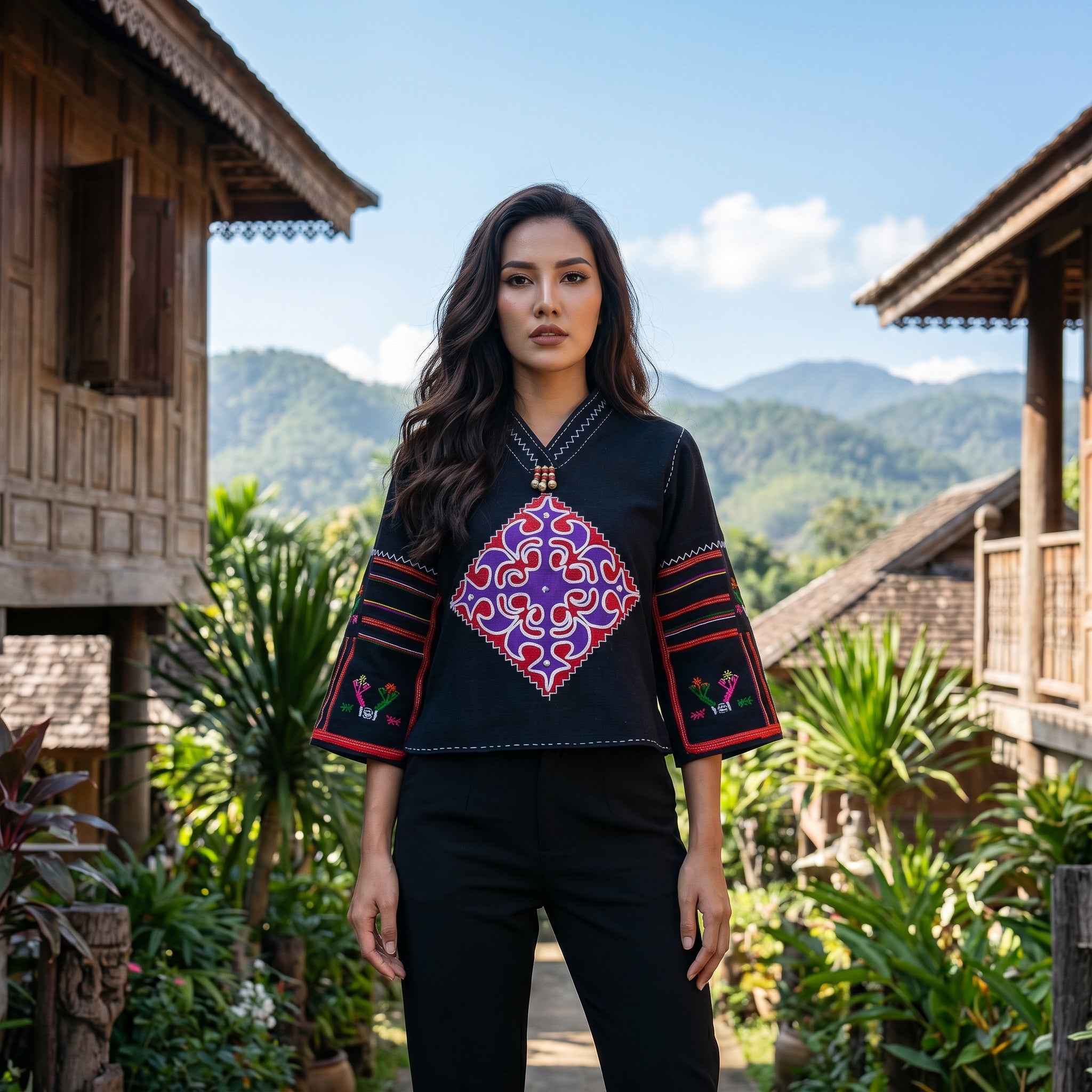 Handcrafted Modern-Style Hmong Hemp Top Black with Large Purple Red Swirl Embroidery V Neck Long-Sleeves from Chiang Rai Thailand - Lalanna Design