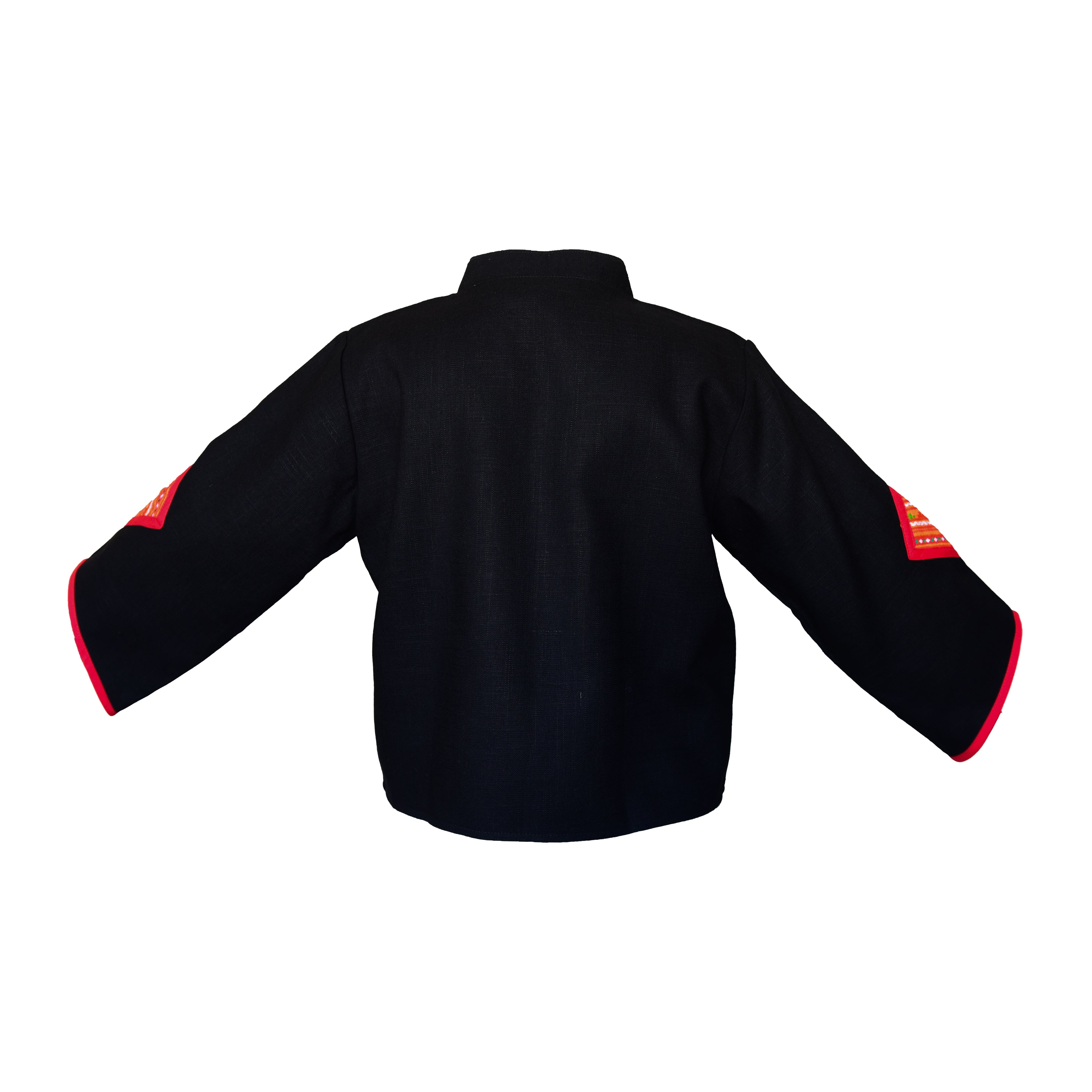 Handcrafted Modern-Style Hmong Hemp Top Black with Large Red Bordered Geometric Embroidery Panel from Chiang Mai Thailand - Lalanna Design