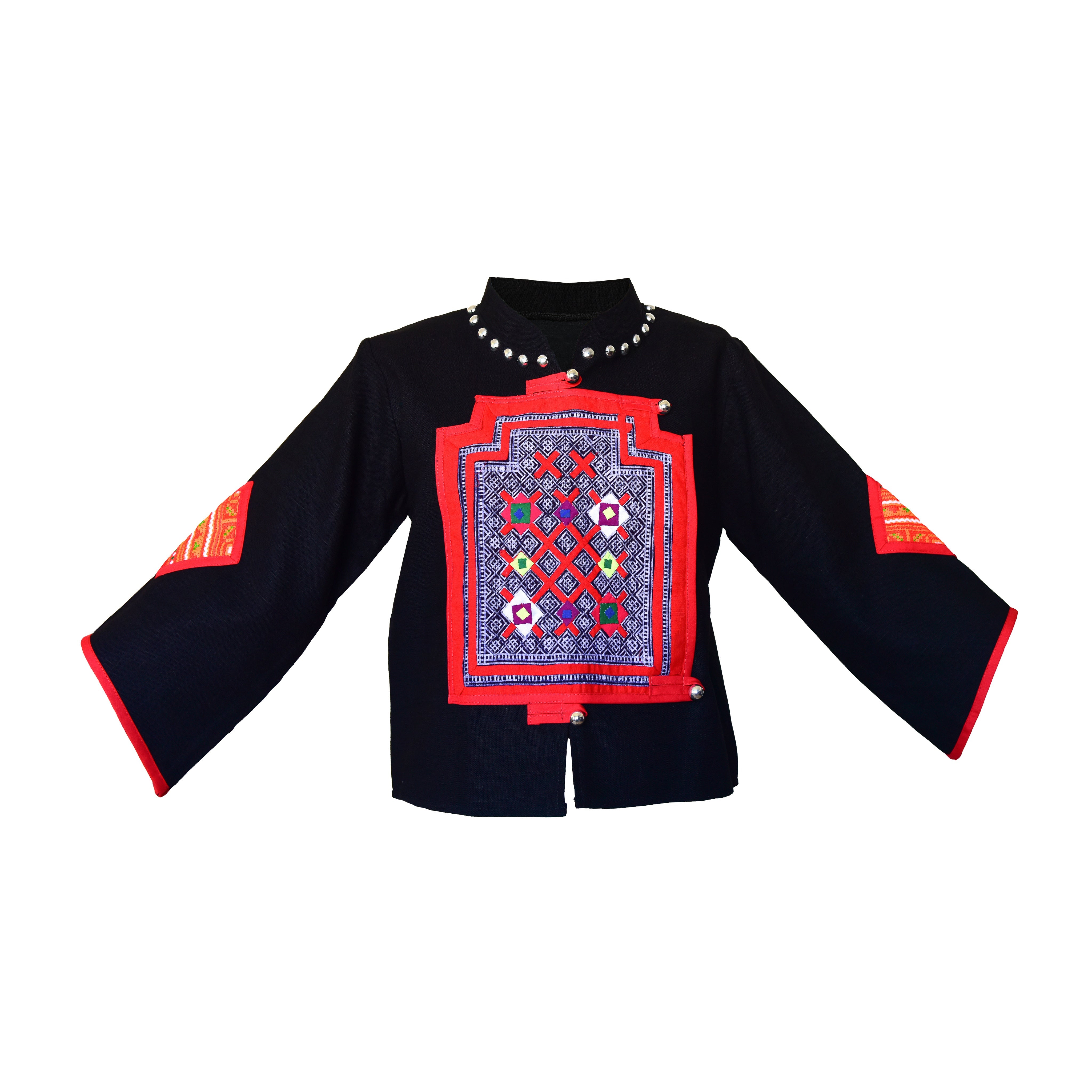 Handcrafted Modern-Style Hmong Hemp Top Black with Large Red Bordered Geometric Embroidery Panel from Chiang Rai Thailand - Lalanna Design