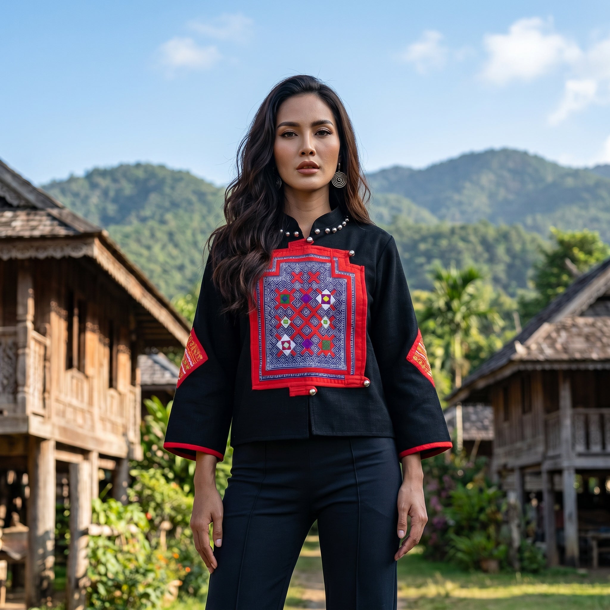 Handcrafted Modern-Style Hmong Hemp Top Black with Large Red Bordered Geometric Embroidery Panel from Chiang Rai Thailand - Lalanna Design