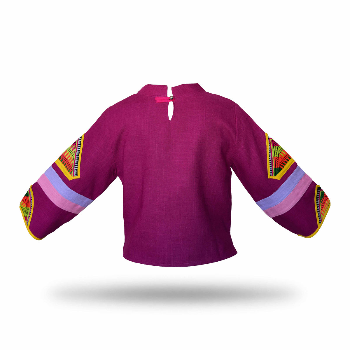 Handcrafted Modern-Style Hmong Hemp Top Magenta with Large Diamond Embroidery Panel from Chiang Mai Thailand - Lalanna Design