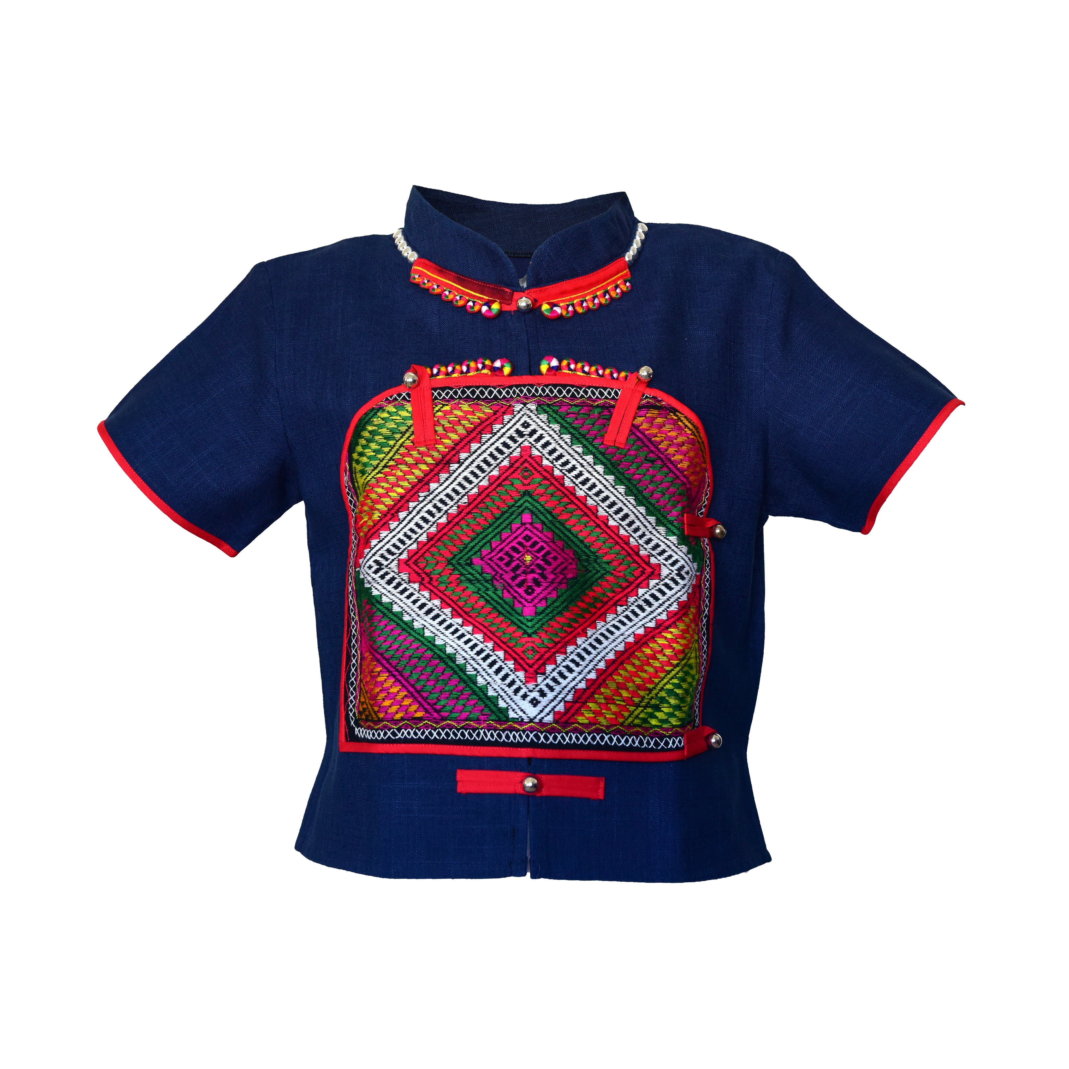 Handcrafted Modern-Style Hmong Hemp Top Navy Blue with Large Multicolor Embroidery Panel Short Sleeves from Chiang Rai Thailand - Lalanna Design