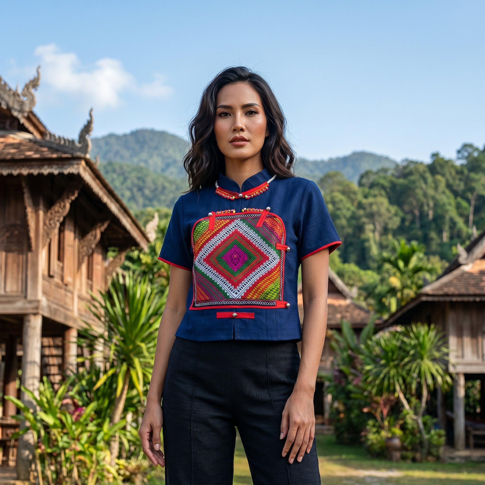 Handcrafted Modern-Style Hmong Hemp Top Navy Blue with Large Multicolor Embroidery Panel Short Sleeves from Chiang Rai Thailand - Lalanna Design