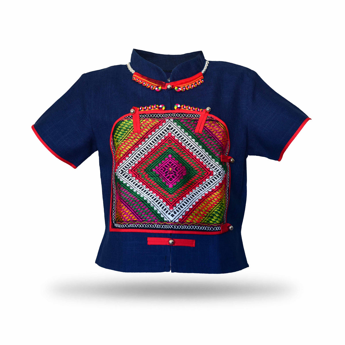 Handcrafted Modern-Style Hmong Hemp Top Navy Blue with Large Multicolor Embroidery Panel Short Sleeves from Chiang Mai Thailand - Lalanna Design