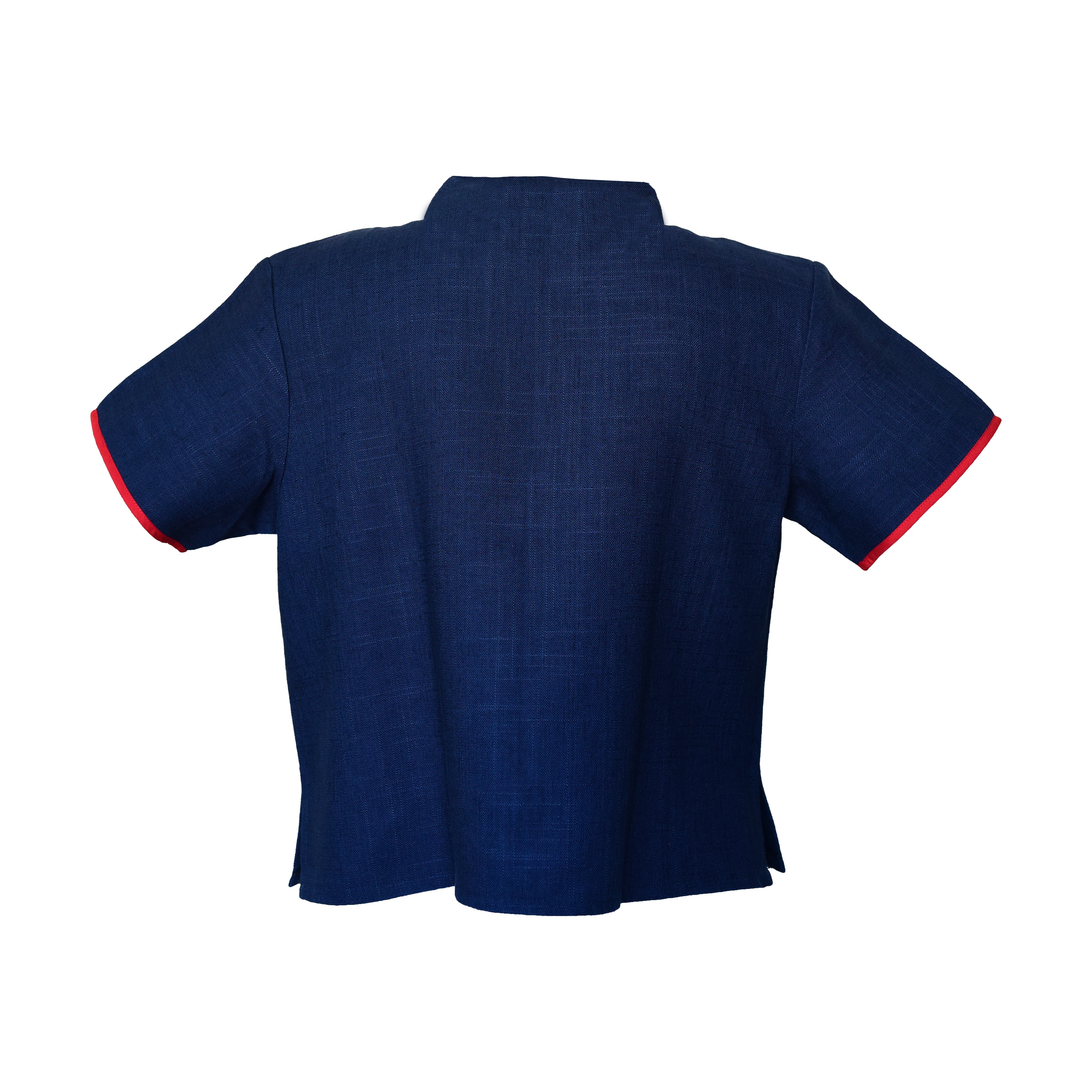 Handcrafted Modern-Style Hmong Hemp Top Navy Blue with Large Multicolor Embroidery Panel Short Sleeves from Chiang Mai Thailand - Lalanna Design