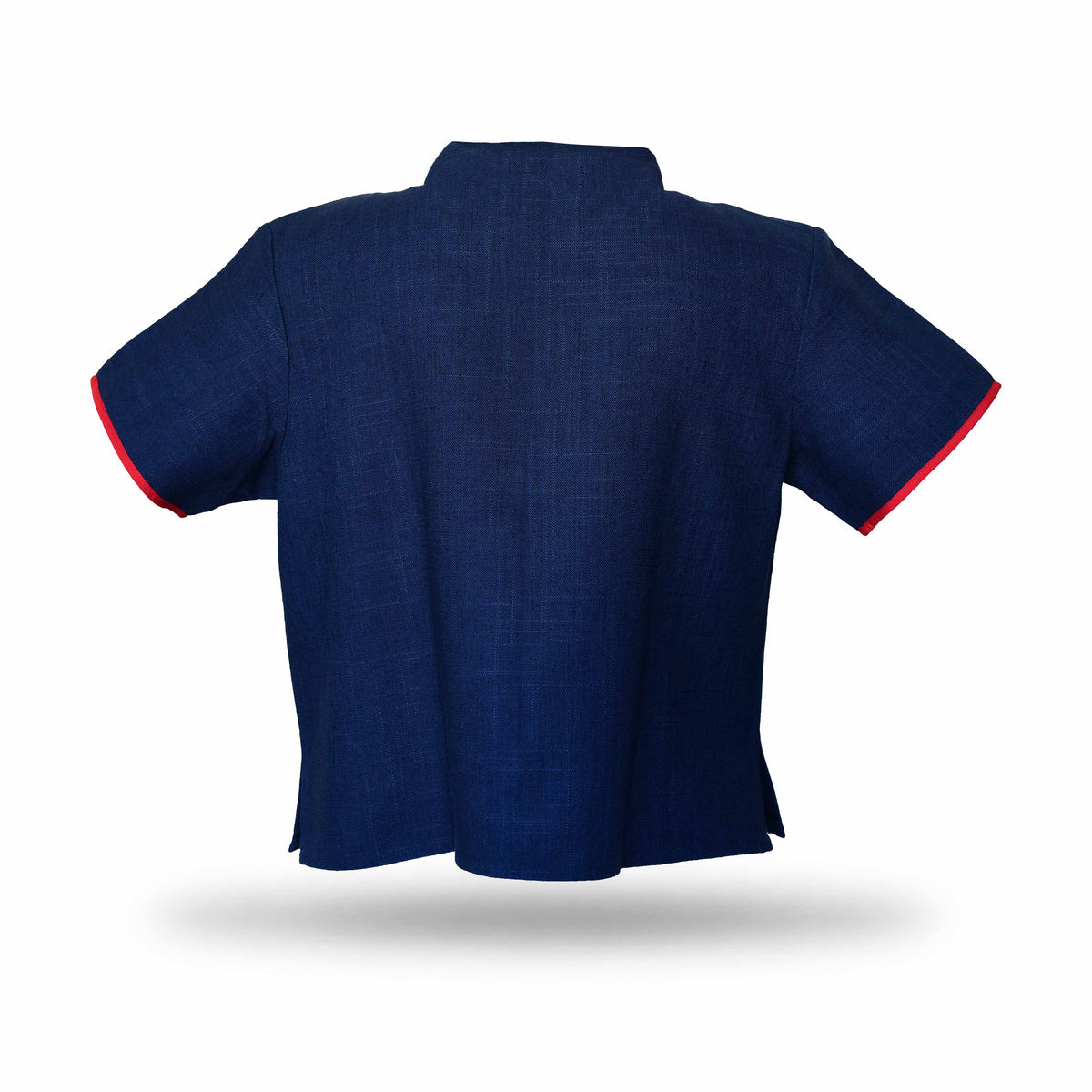 Handcrafted Modern-Style Hmong Hemp Top Navy Blue with Large Multicolor Embroidery Panel Short Sleeves from Chiang Mai Thailand - Lalanna Design