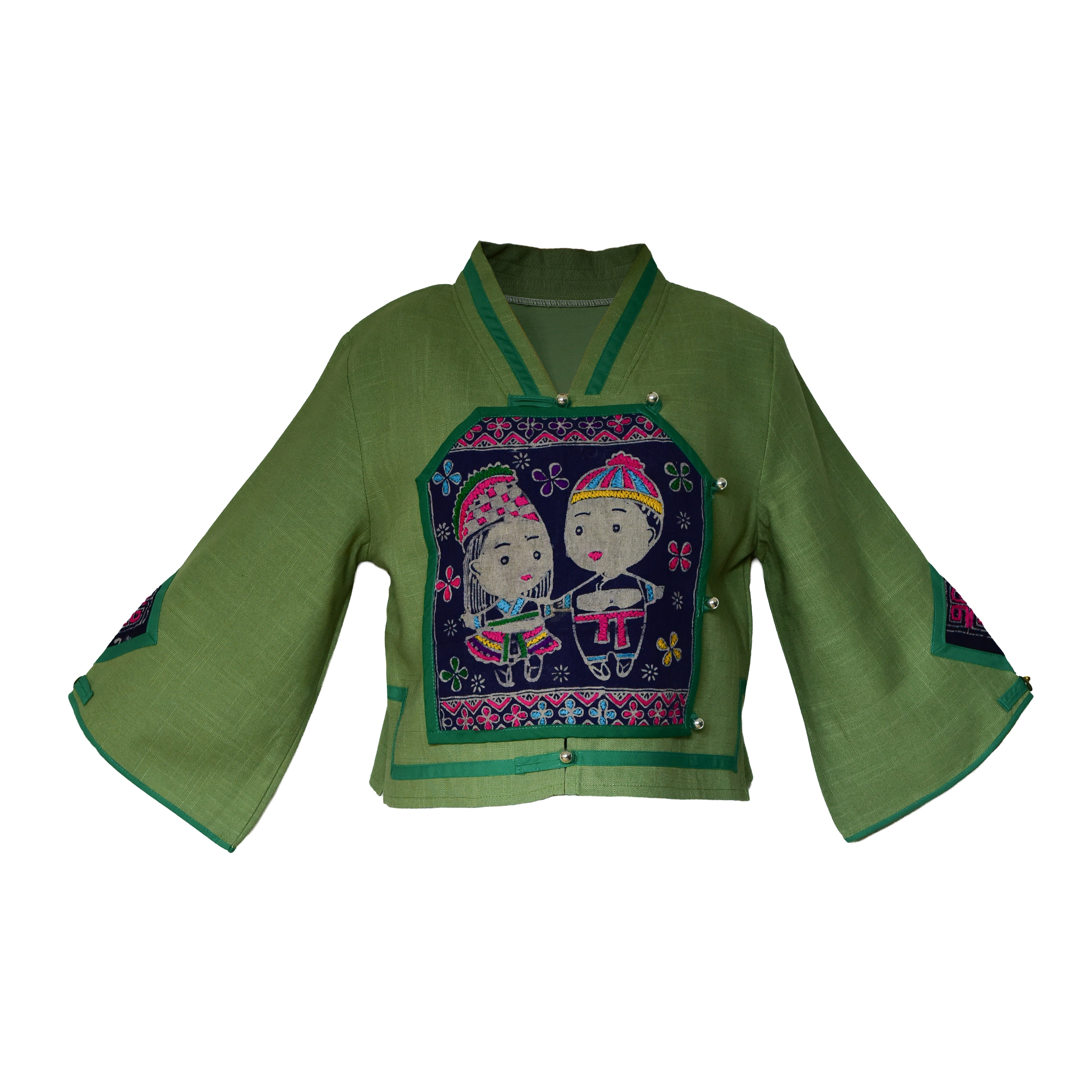 Handcrafted Modern-Style Hmong Hemp Top with Colorful Geometric Embroidered Panel from Chiang Rai Thailand - Lalanna Design