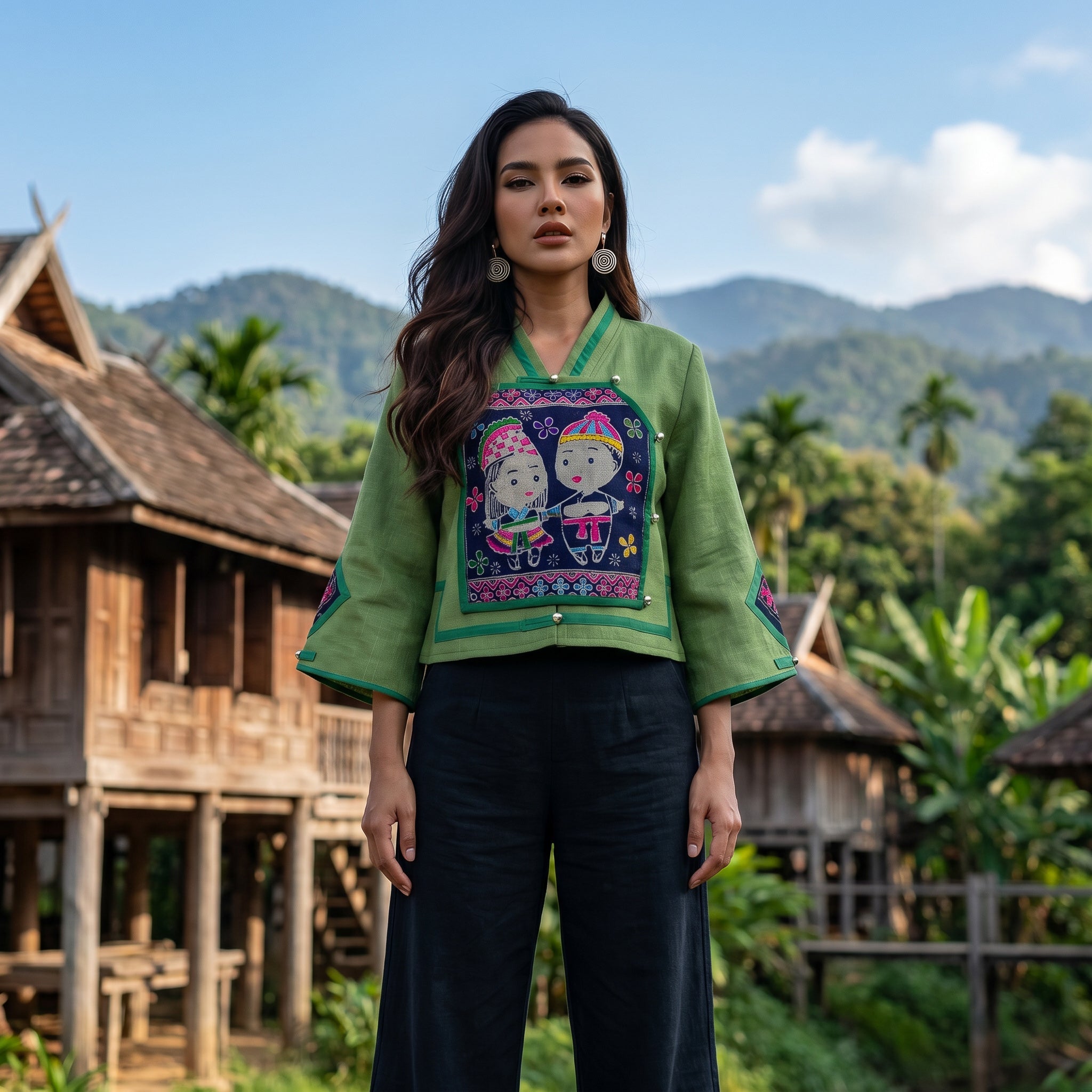 Handcrafted Modern-Style Hmong Hemp Top with Colorful Geometric Embroidered Panel from Chiang Rai Thailand - Lalanna Design